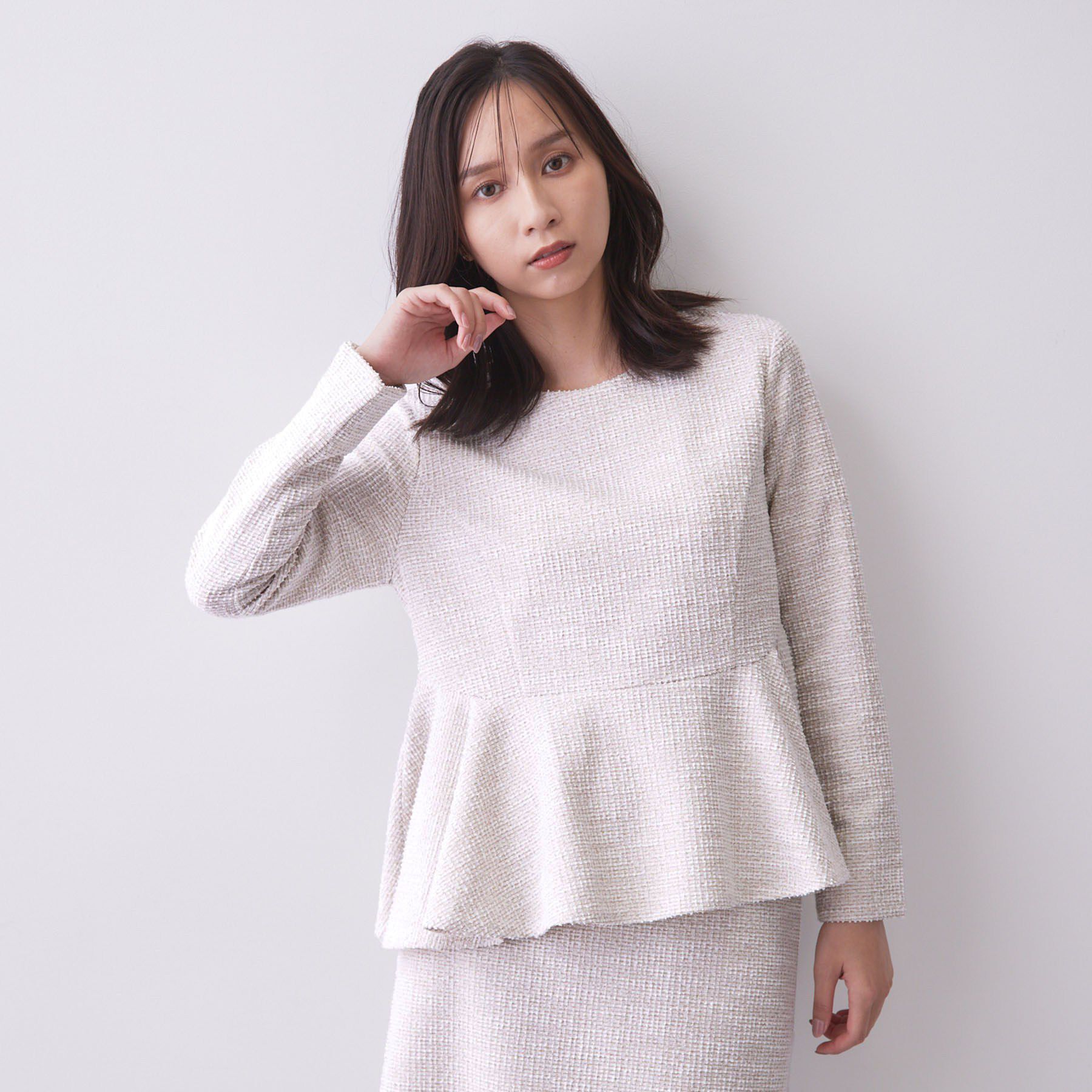 index「【セットアップ】ツィードペプラムトップス《洗濯機OK》」|Tシャツ・カットソー|グレージュ(450)