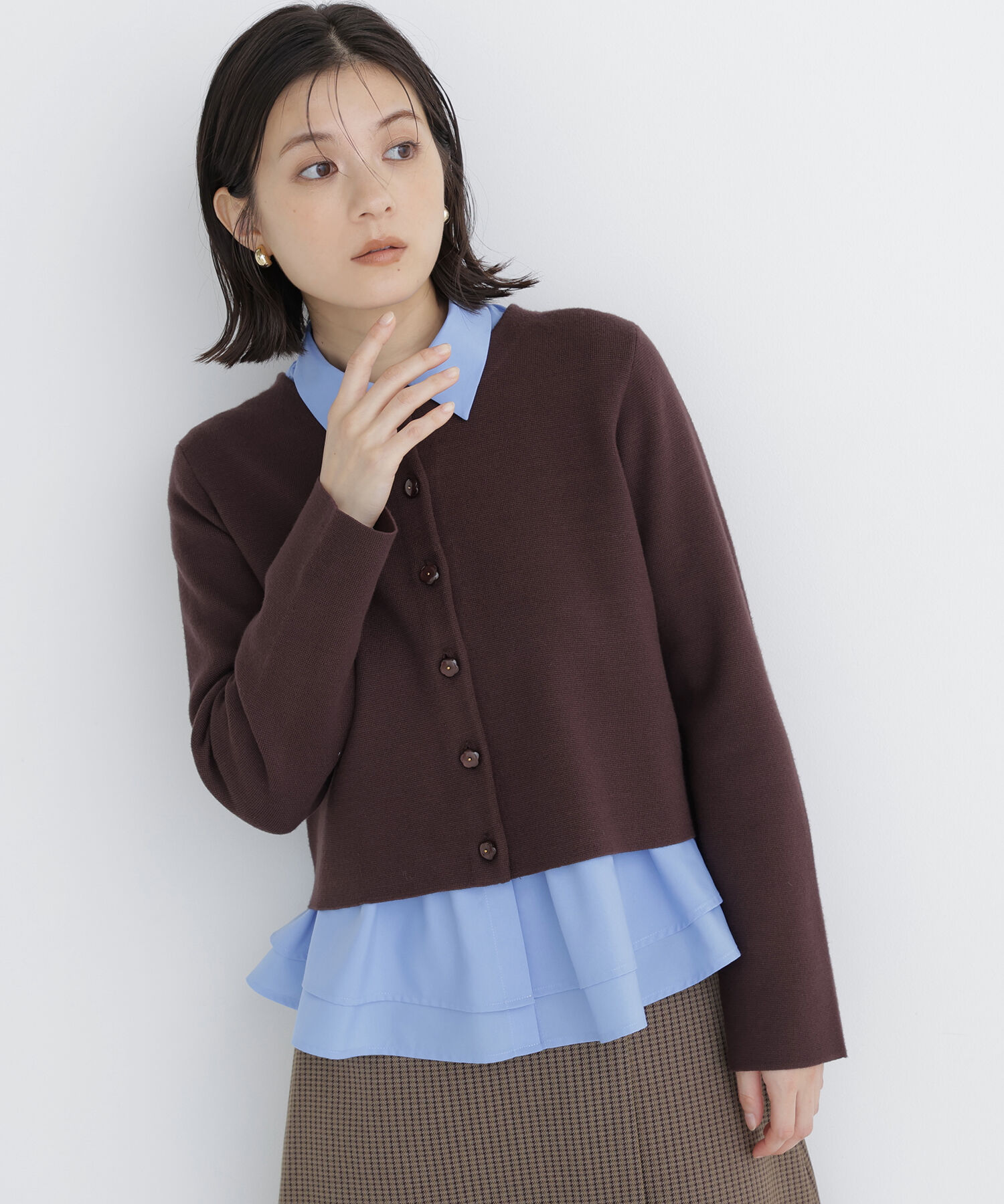  「フラワーボタンニットジャケット　26AW」|ニット・セーター|ダークブラウ 1