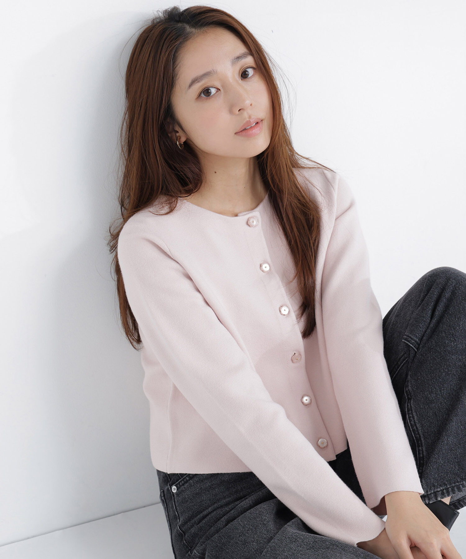  「フラワーボタンニットジャケット　26AW」|ニット・セーター|ピンク