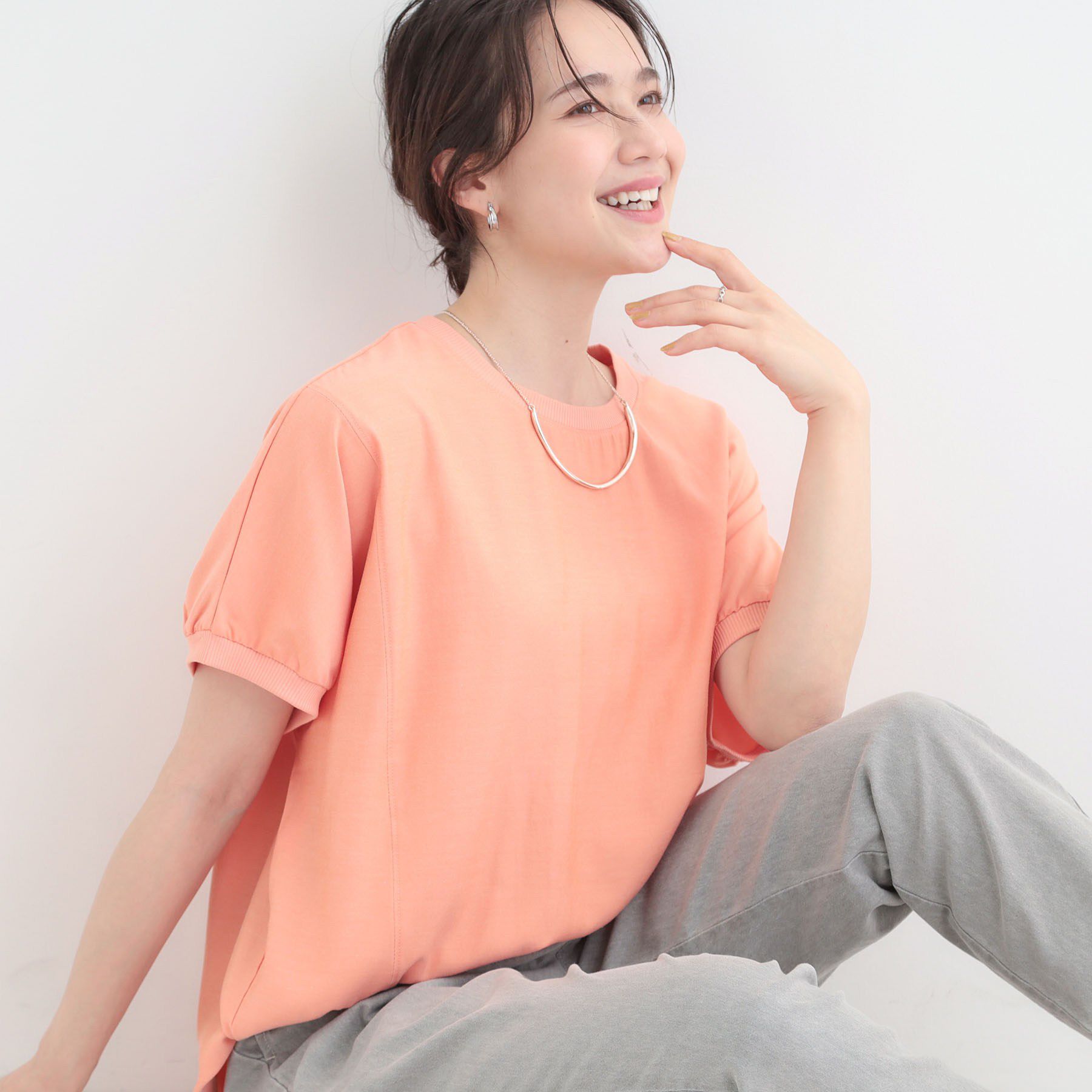 SHOO･LA･RUE「【ひんやり/洗濯後しわになりにくい】リブ切り替えドルマンブラウス」|シャツ・ブラウス|オレンジ(066)