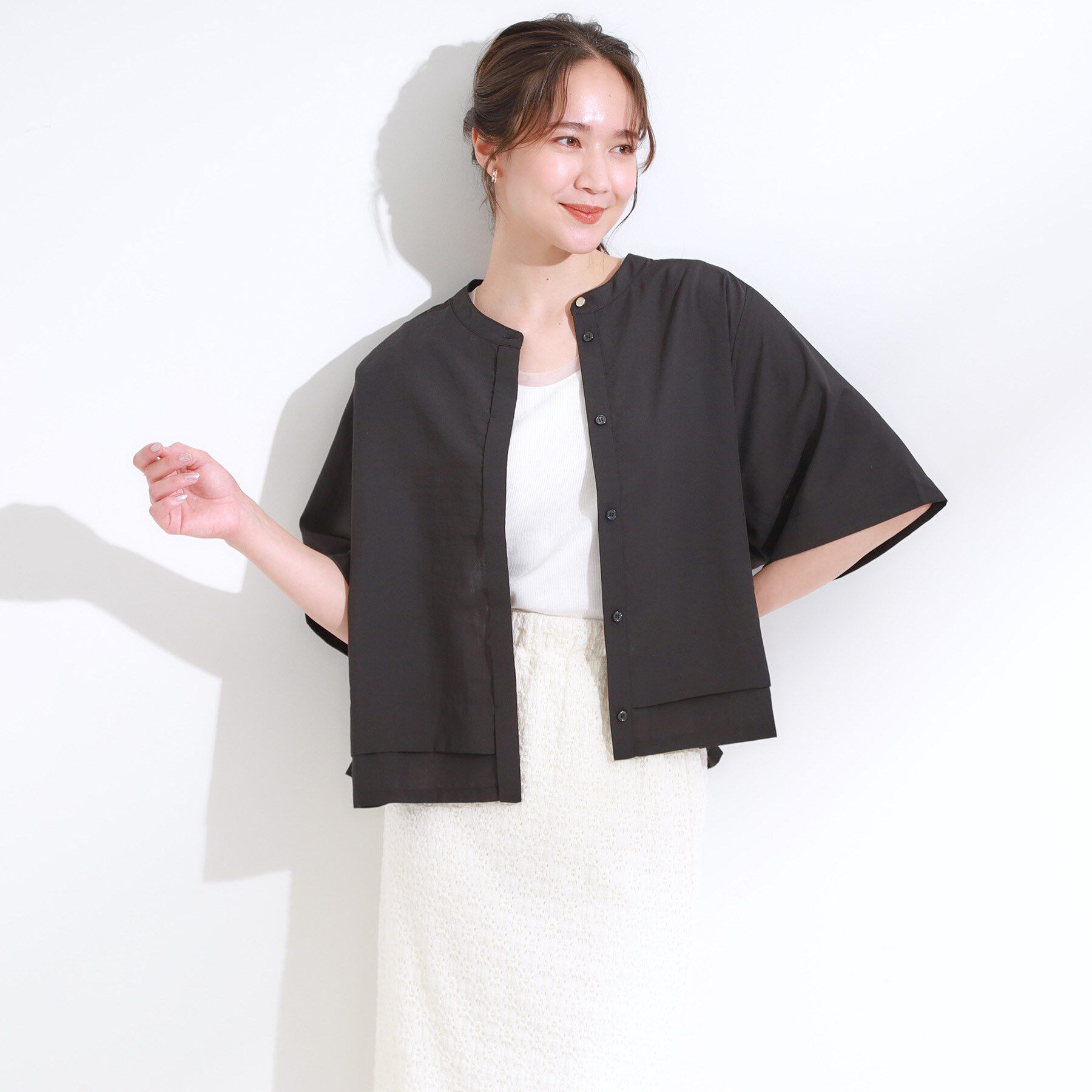 SHOO･LA･RUE「【洗濯後しわになりにくい/UV/吸水速乾】大人きれいな バンドカラーシャツ」|シャツ・ブラウス|