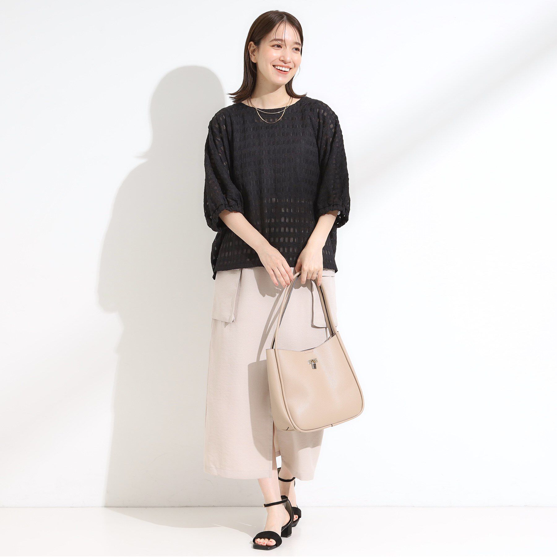 SHOO･LA･RUE「【S-LL】涼やかで好印象 シアーチェック ドルマントップス」|Tシャツ・カットソー|