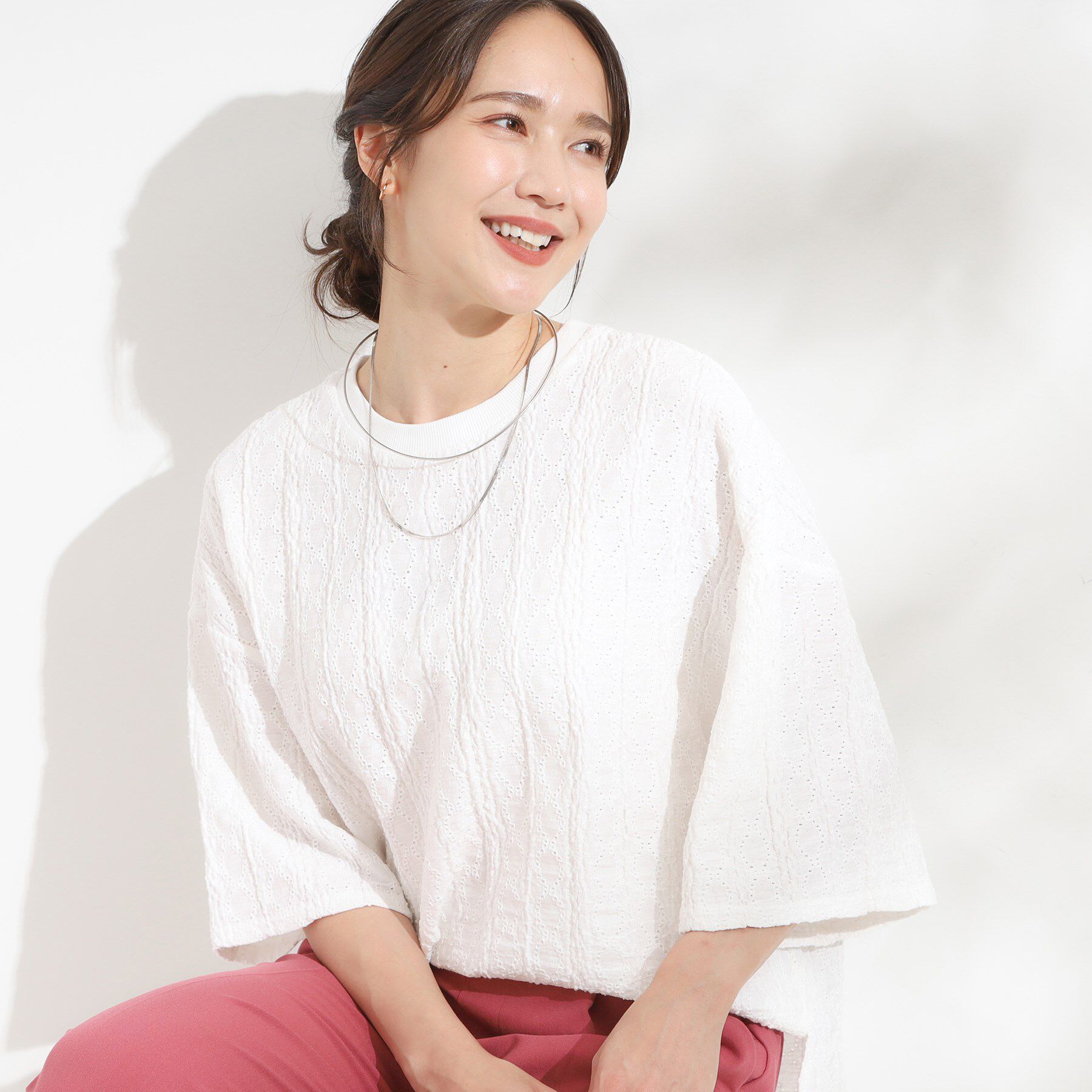 SHOO･LA･RUE「【5分袖】大人の魅力を惹きたてる レースカットソー」|Tシャツ・カットソー|ホワイト(001)