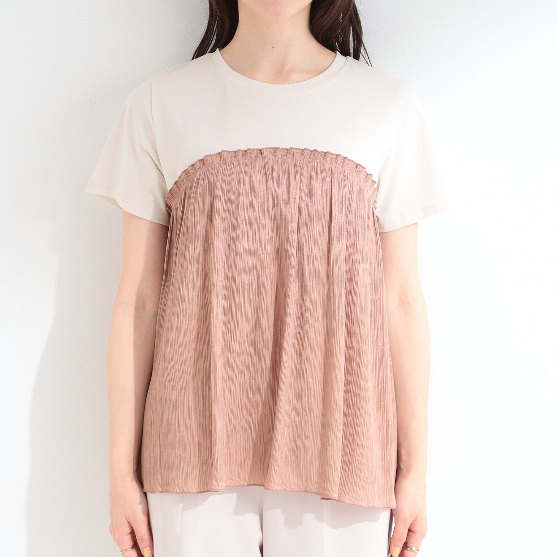 SHOO･LA･RUE「【体型カバー】1枚でインせず決まる きらきらビスチェ風Tシャツ」|Tシャツ・カットソー|