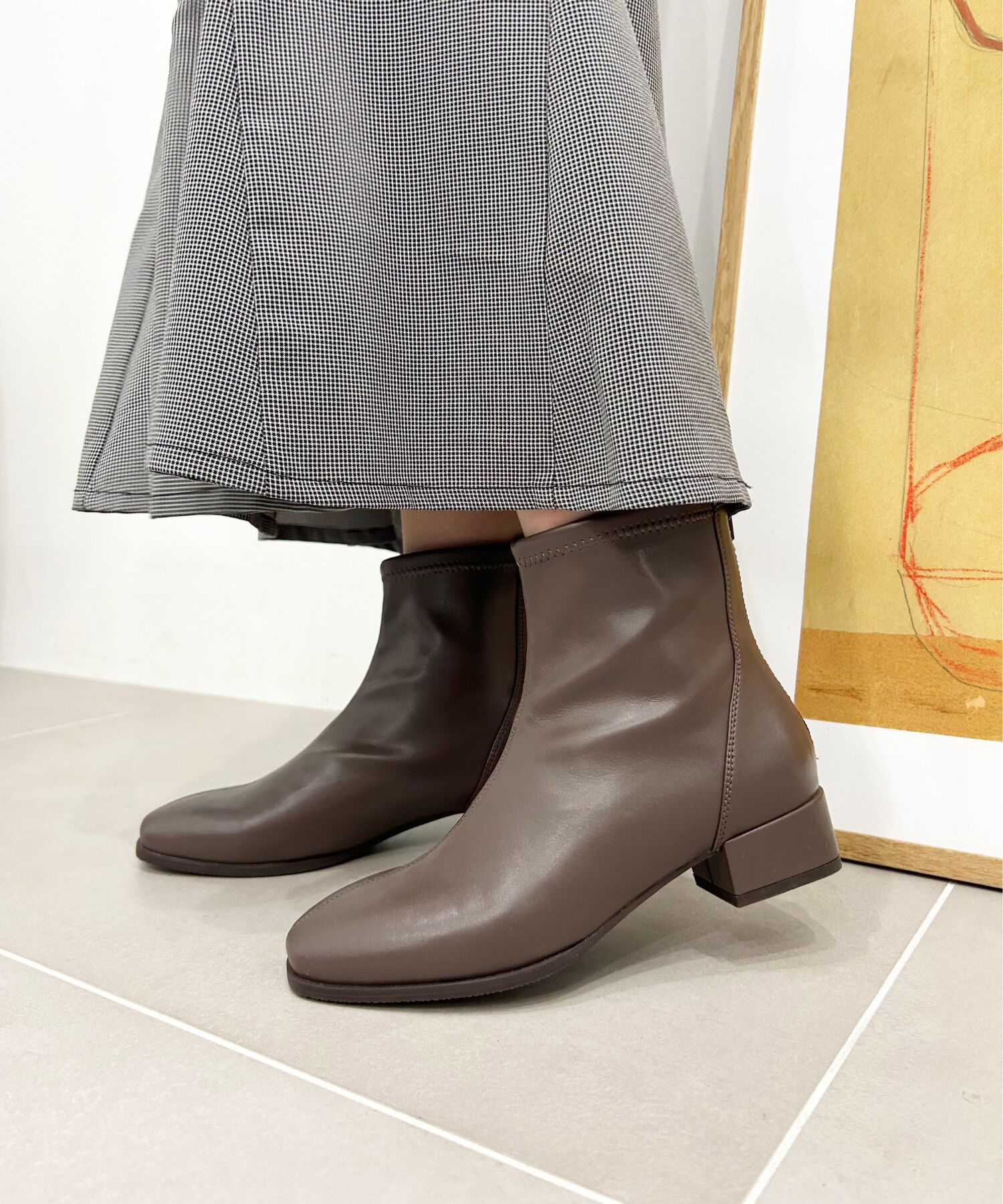 WA Oriental TRaffic「バック ジップ スクエアトゥ ストレッチ ブーツ /42403」|ショートブーツ|BROWN