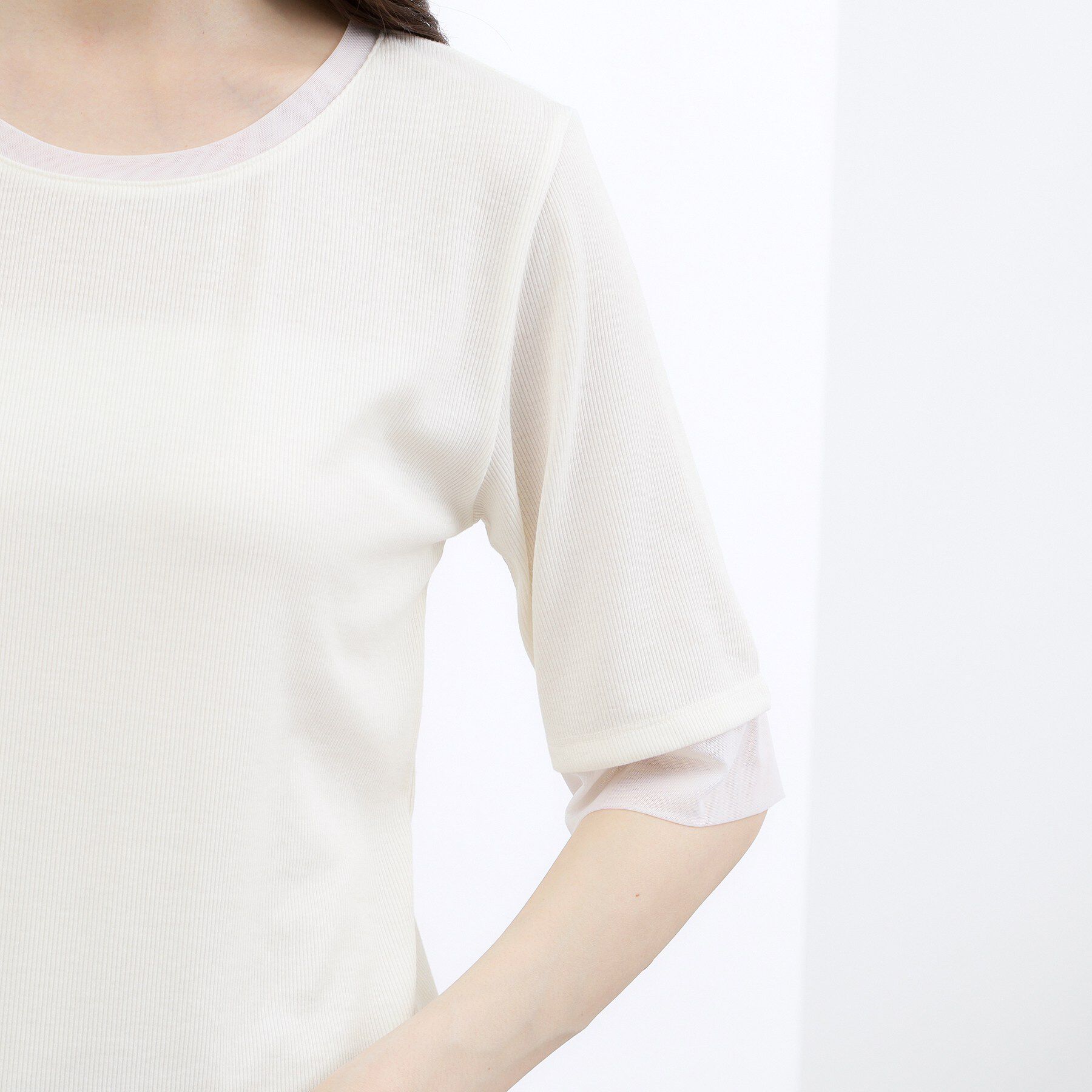 grove「【UVカット】チュールトリミング5分袖Tシャツ」|Tシャツ・カットソー|