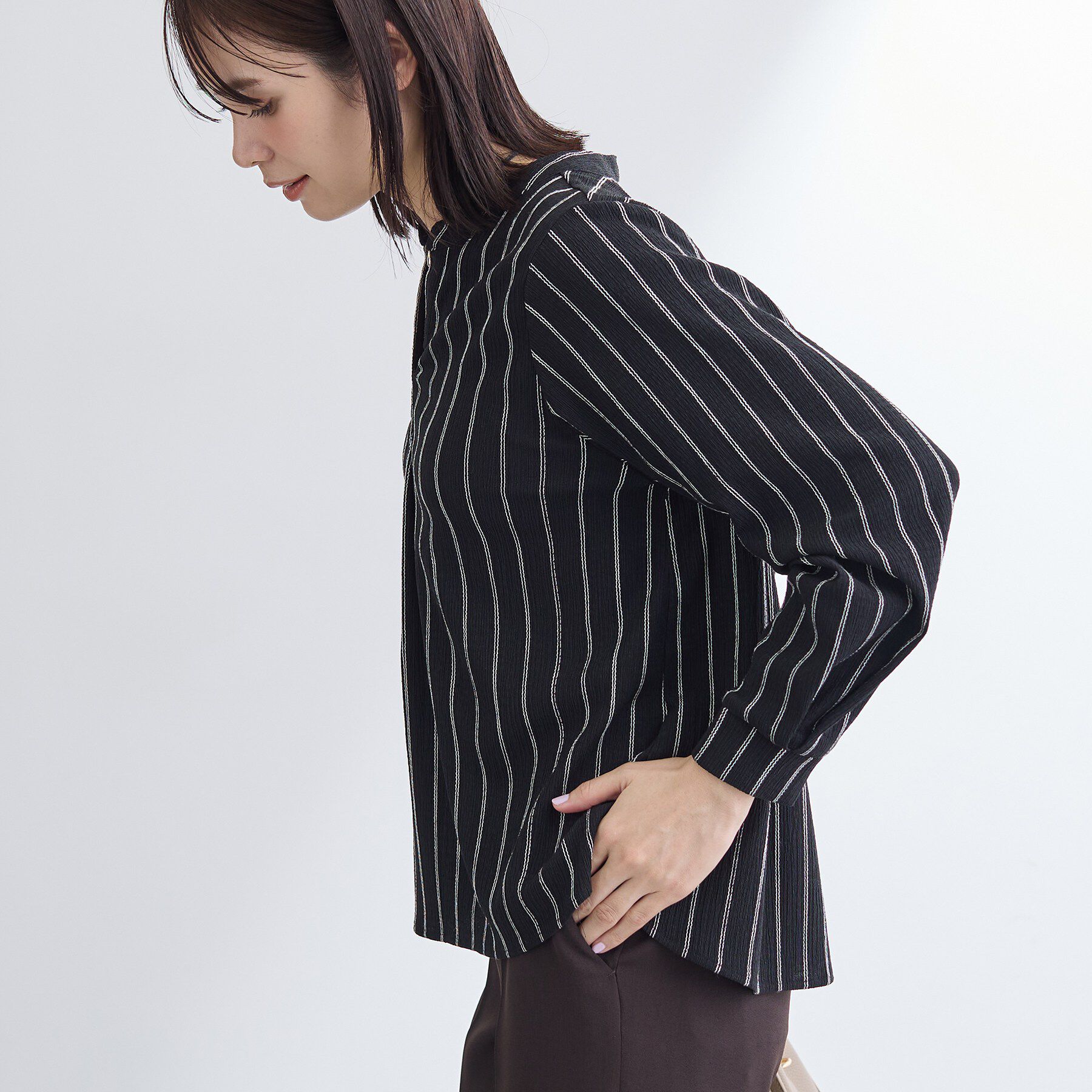 INDIVI「【洗える／着心地楽ちん】ブラウス風ストライプカットソートップス」|Tシャツ・カットソー|