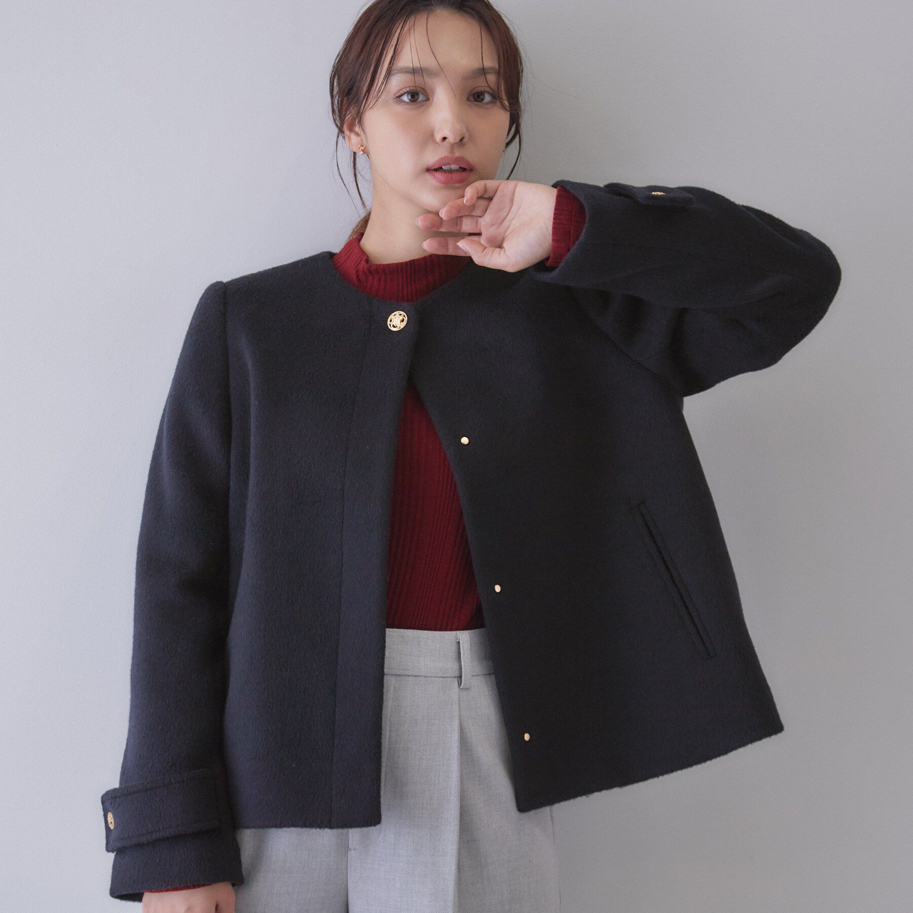 index「【植草美幸先生が指南する好印象スタイル】カシミヤ混ノーカラーショートコート」|ノーカラーコート|ネイビー(894)