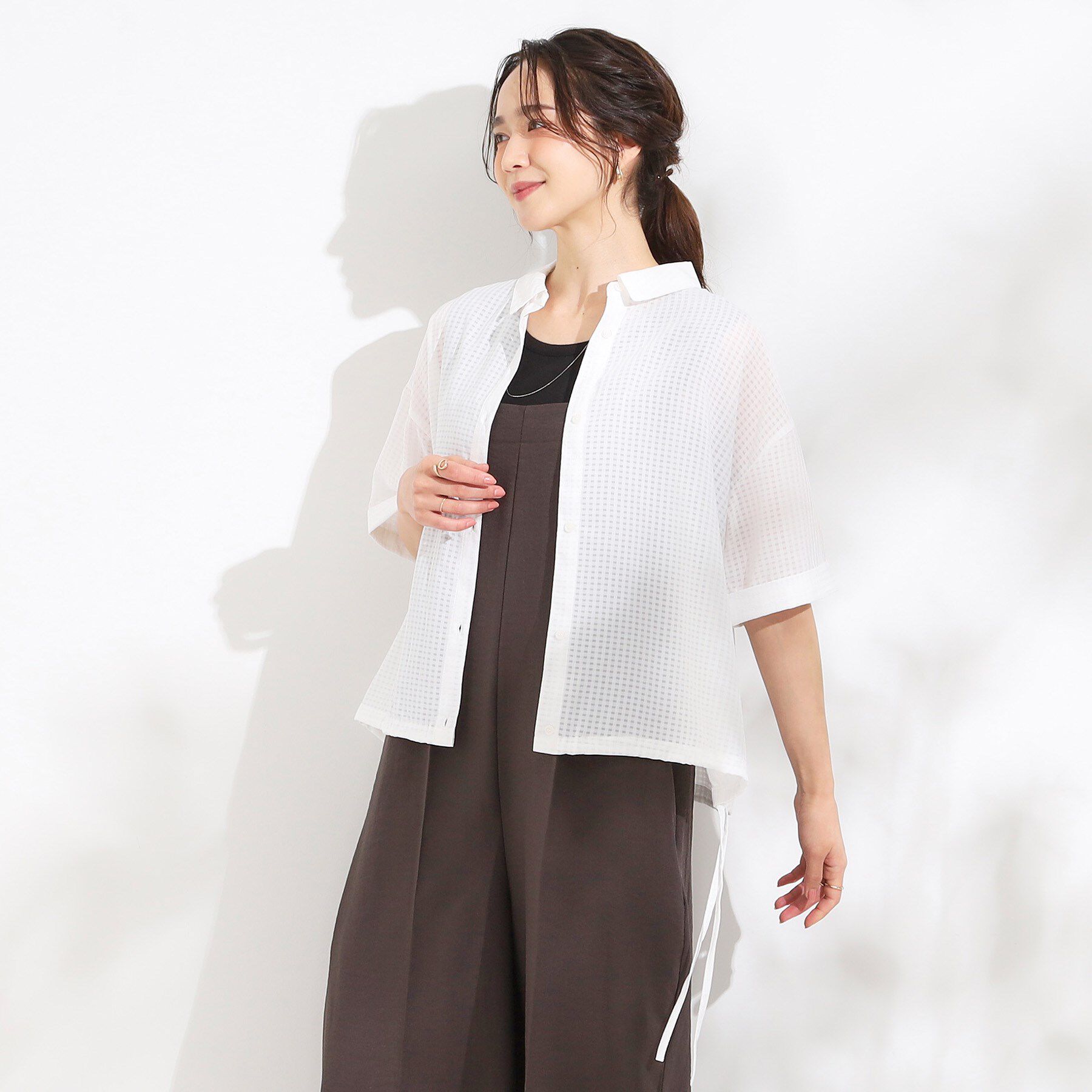 SHOO･LA･RUE「シルエット変化を楽しめる シアーチェックドロストシャツ」|シャツ・ブラウス|