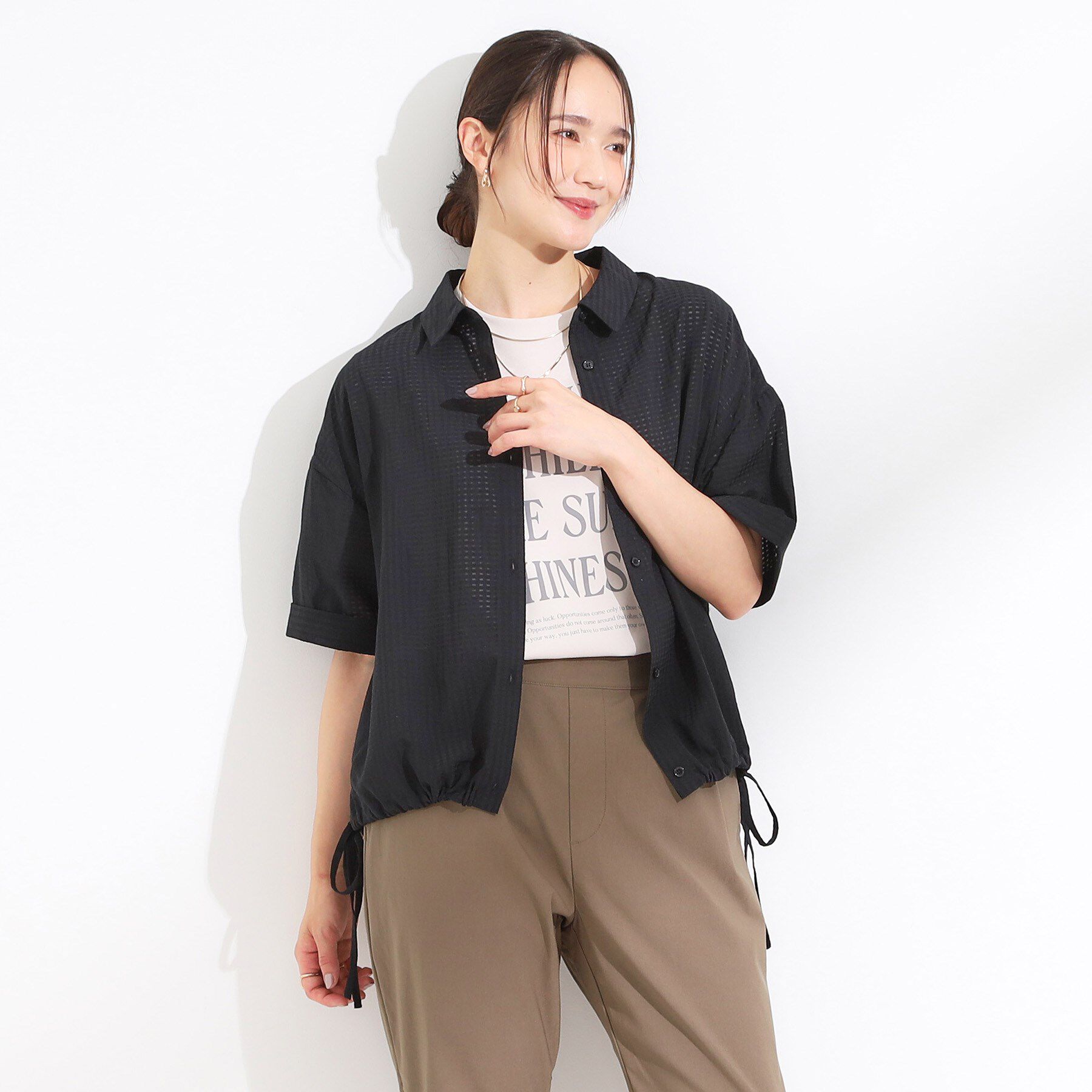 SHOO･LA･RUE「シルエット変化を楽しめる シアーチェックドロストシャツ」|シャツ・ブラウス|