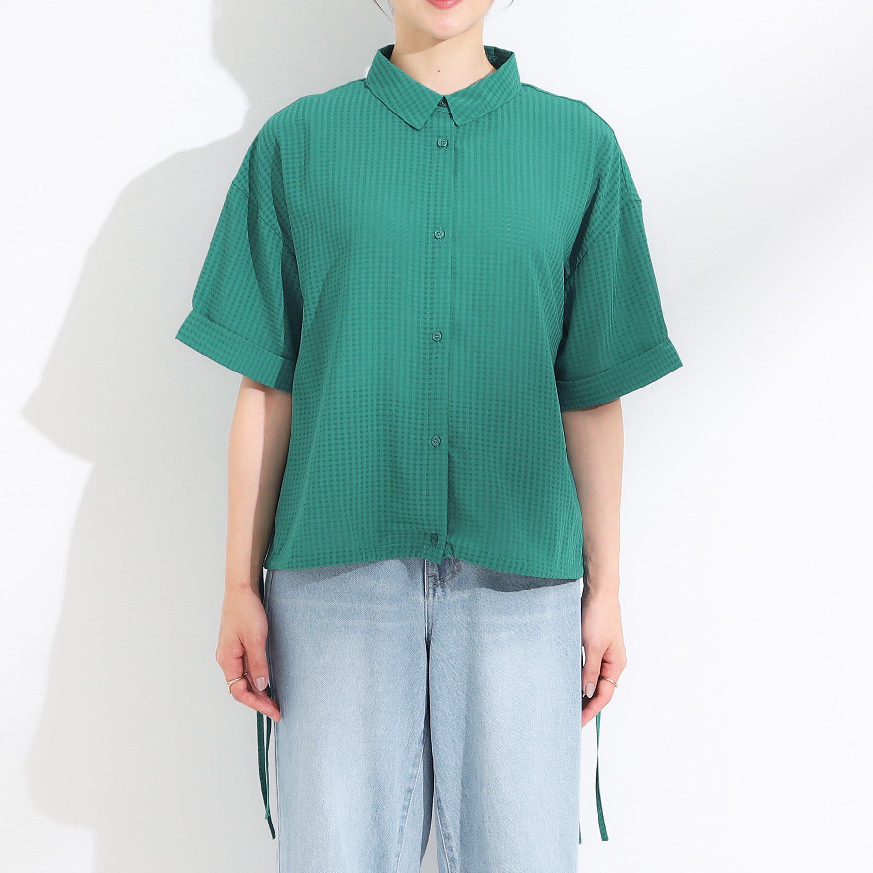 SHOO･LA･RUE「シルエット変化を楽しめる シアーチェックドロストシャツ」|シャツ・ブラウス|