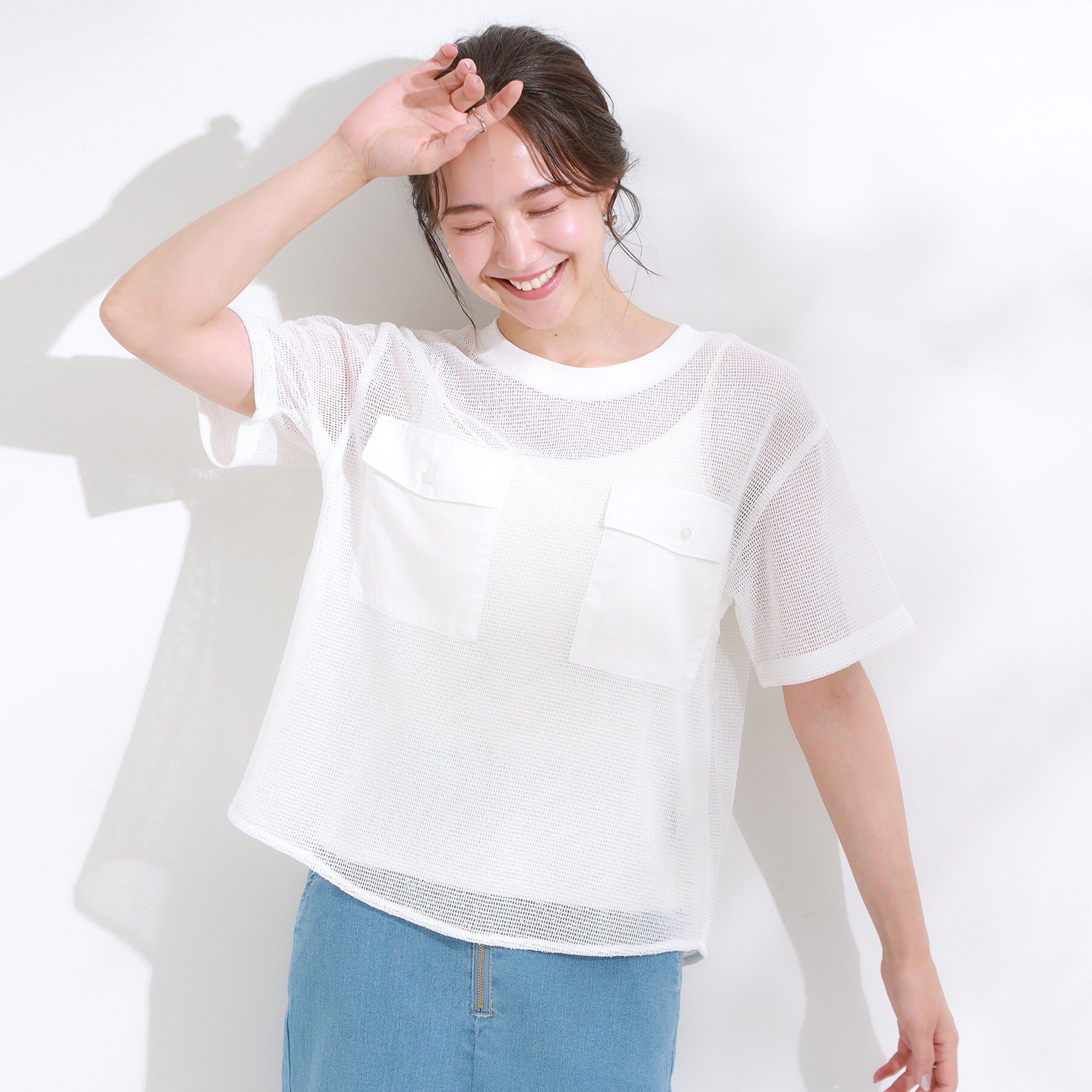 SHOO･LA･RUE「【S-LL】メッシュ素材で大人ヘルシー ポケット付きデザイントップス」|Tシャツ・カットソー|