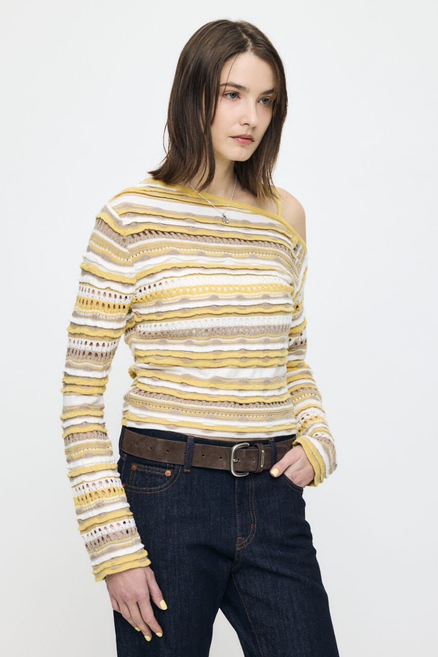 MOUSSY「RANDOM STRIPE OFF SHOULDER トップス」|ニット・セーター|