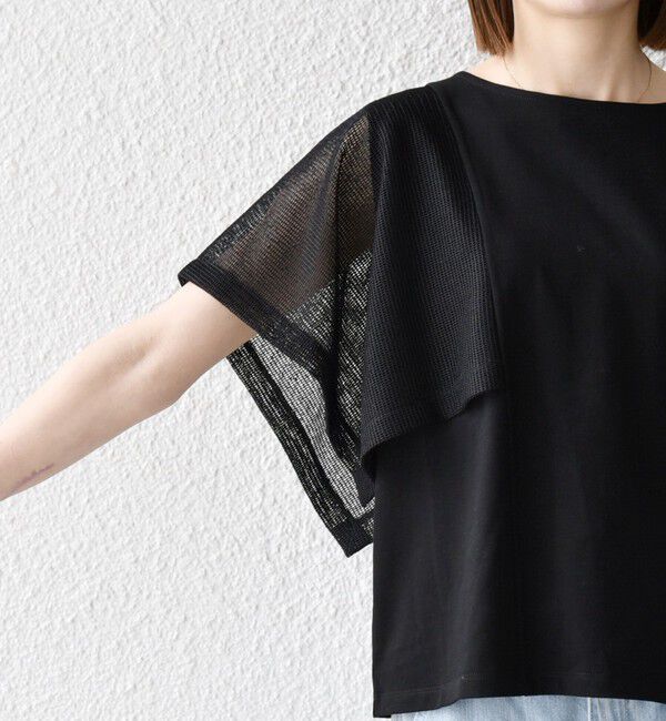 SHIPS any「〈手洗い可能〉メッシュ シアー ハンカチ スリーブ ドッキング TEE」|Tシャツ・カットソー|