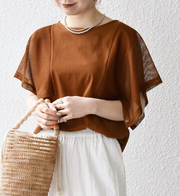 SHIPS any「〈手洗い可能〉メッシュ シアー ハンカチ スリーブ ドッキング TEE」|Tシャツ・カットソー|