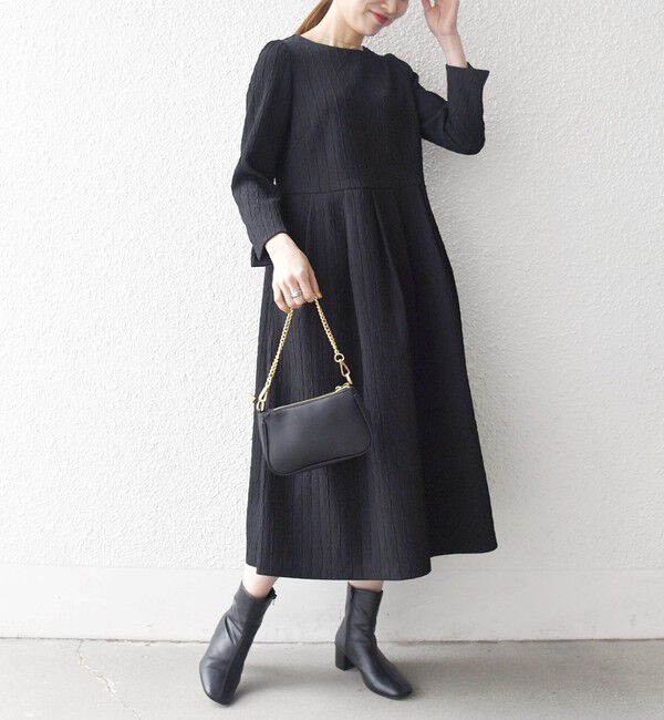 SHIPS any「SHIPS any:〈手洗い可能〉ジャカード ウエスト タック ノーカラー ワンピース［NAVY BLUE］」|ワンピース|