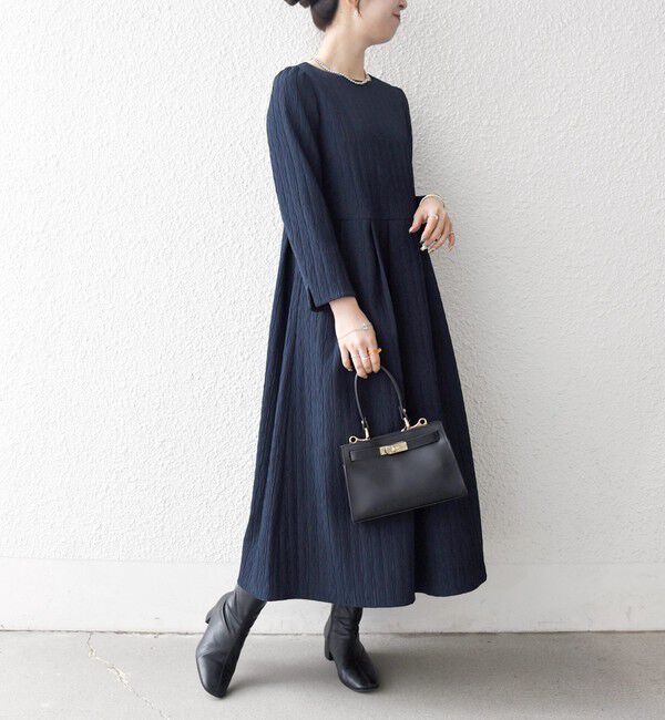 SHIPS any「SHIPS any:〈手洗い可能〉ジャカード ウエスト タック ノーカラー ワンピース［NAVY BLUE］」|ワンピース|
