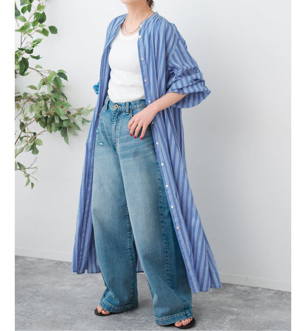 Spick and Span「HYU ストライプギャザーシャツワンピース」|ワンピース|ブルーベース