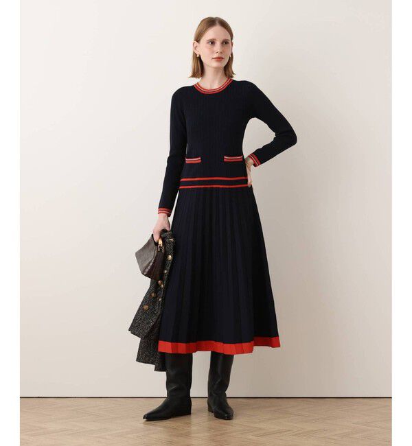 allureville「【Oggi.jp掲載】ラインアクセントプリーツニットワンピース」|ワンピース|ネイビー