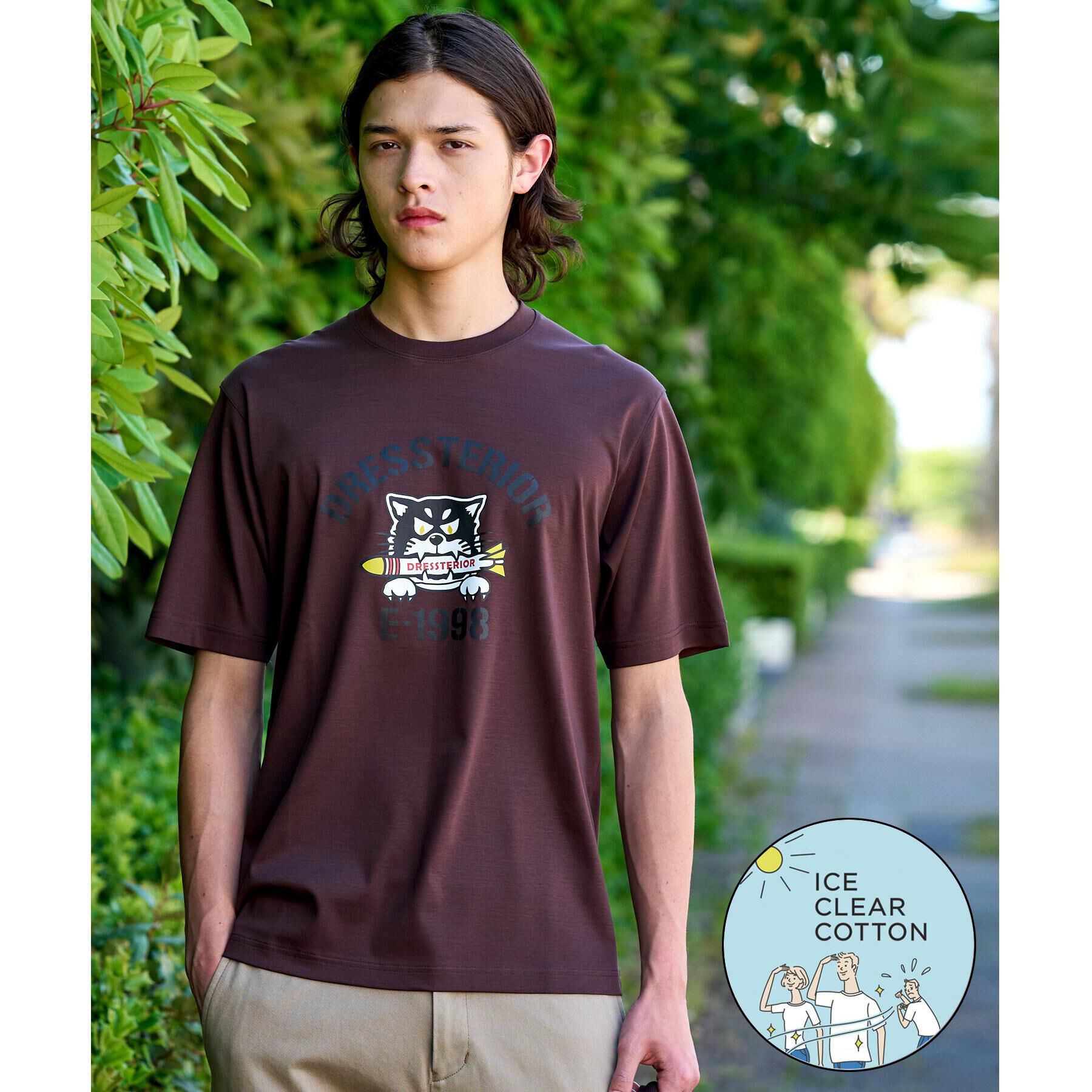 DRESSTERIOR「【接触冷感／抗菌防臭／消臭】ICE CLEAR COTTON ミサイルキャットTシャツ」|Tシャツ・カットソー|ブラウン(044)