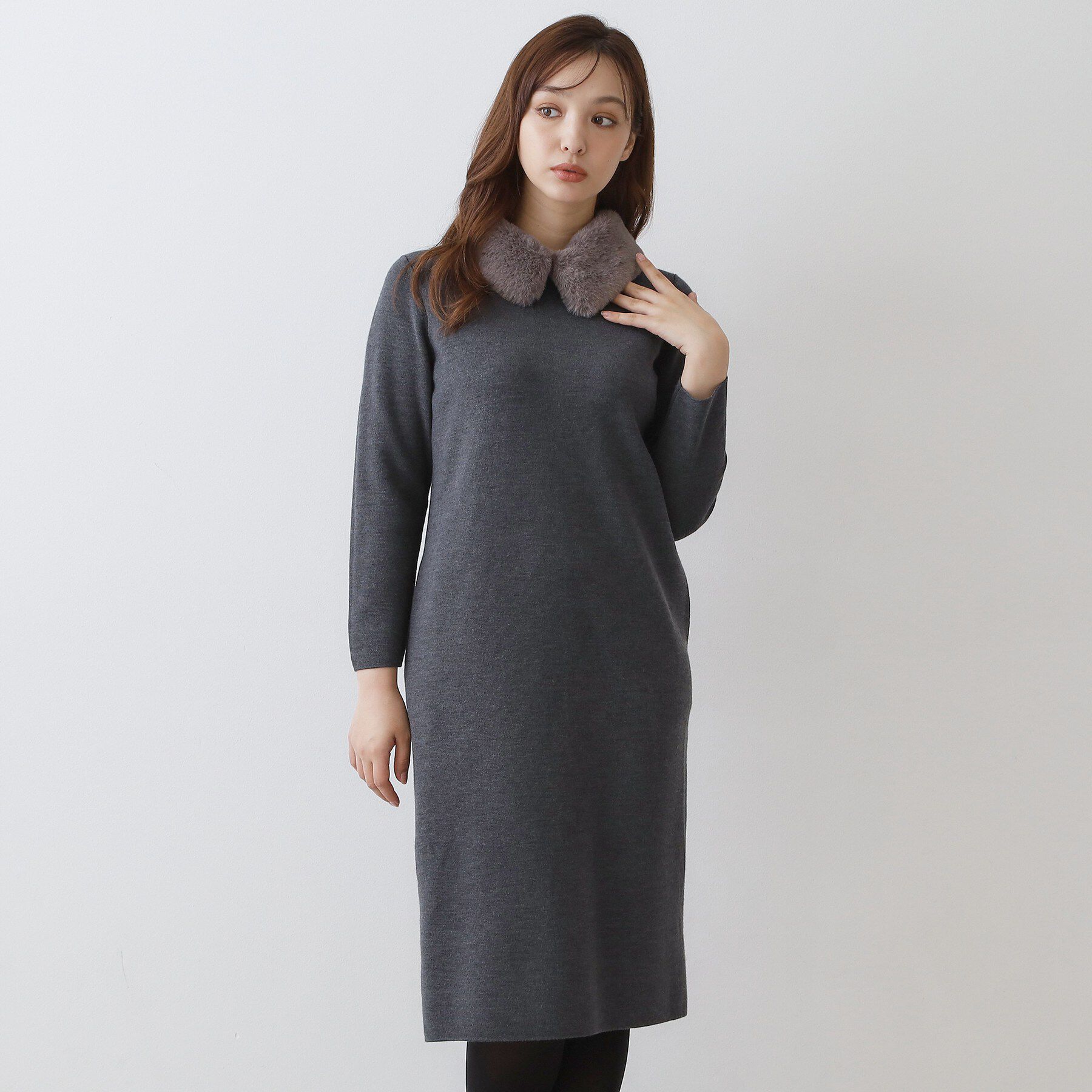 DRESSTERIOR「ファーカラーニットワンピース」|ワンピース|