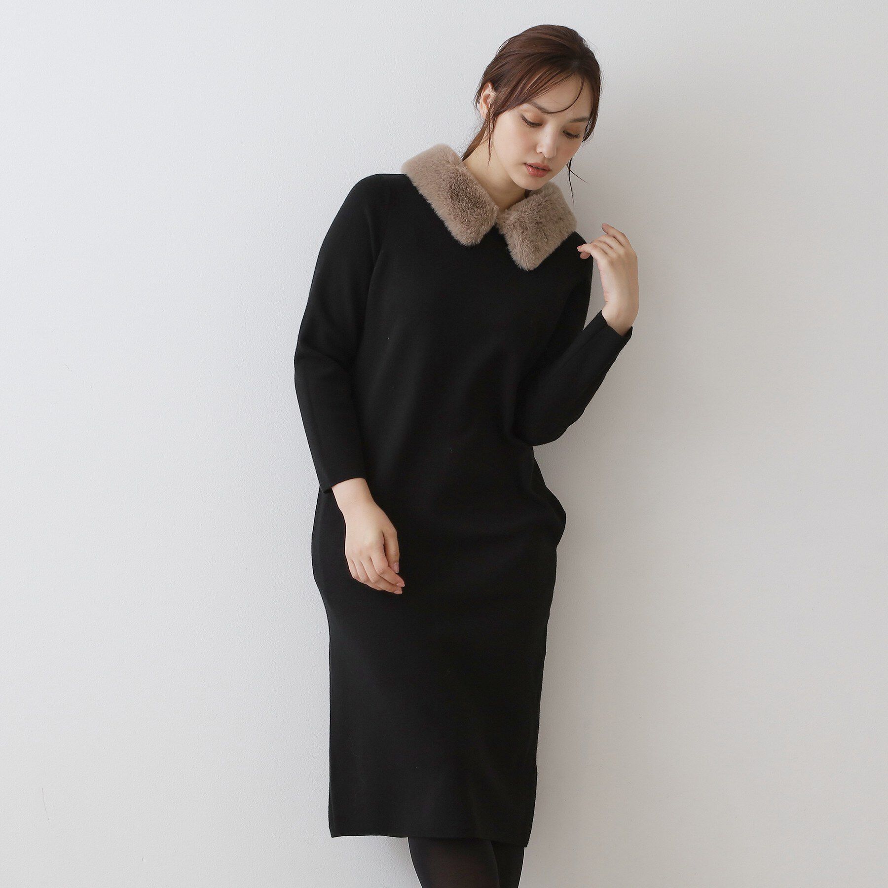 DRESSTERIOR「ファーカラーニットワンピース」|ワンピース|