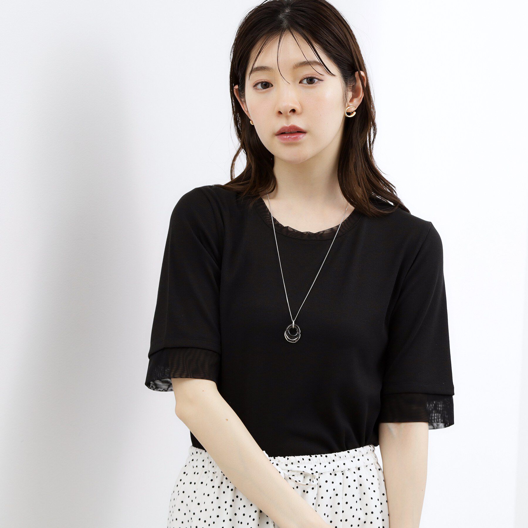 grove「【UVカット】チュールトリミング5分袖Tシャツ」|Tシャツ・カットソー|ブラック(019)