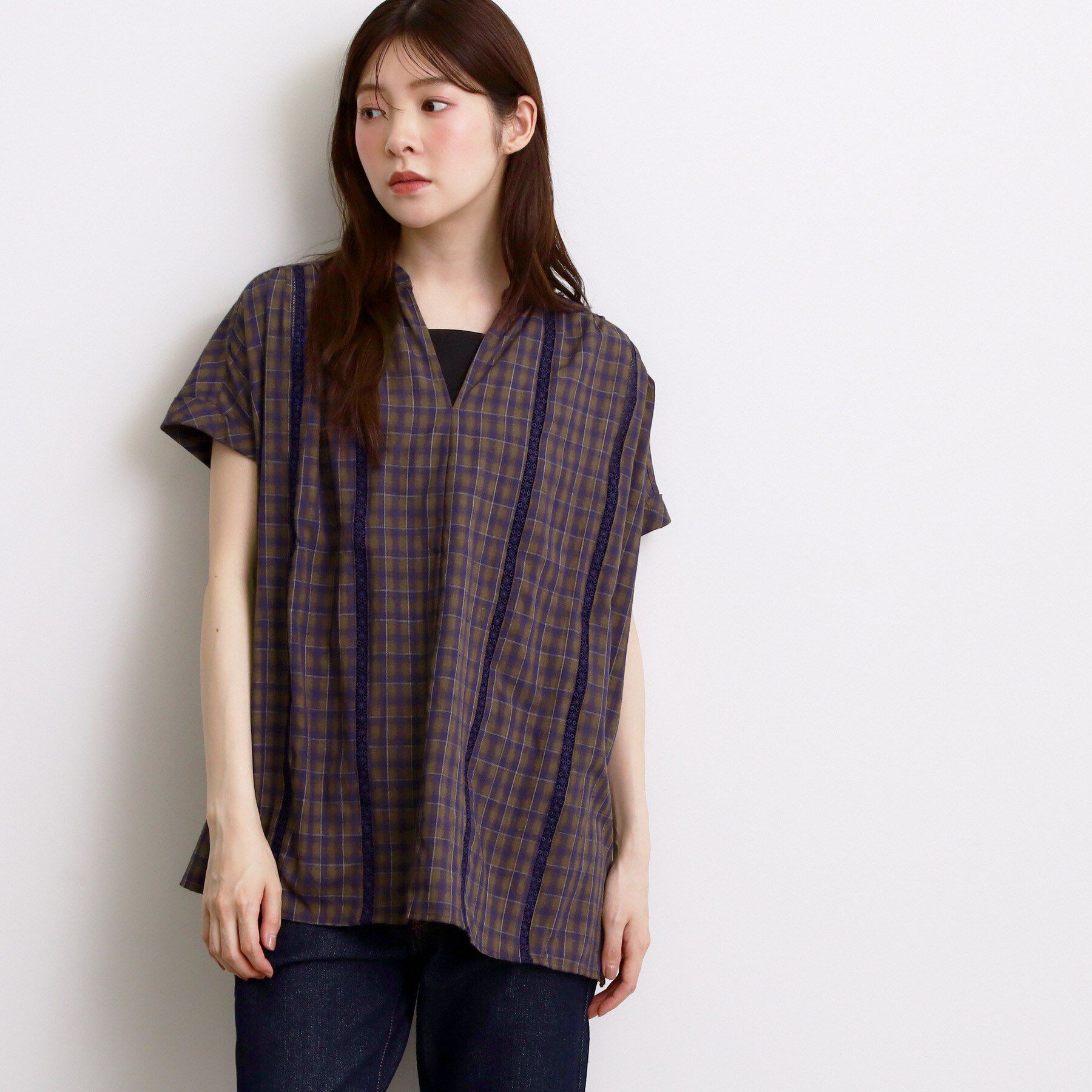 grove「【体系カバー◎】レースデザインスキッパーブラウス」|シャツ・ブラウス|ネイビー(294)
