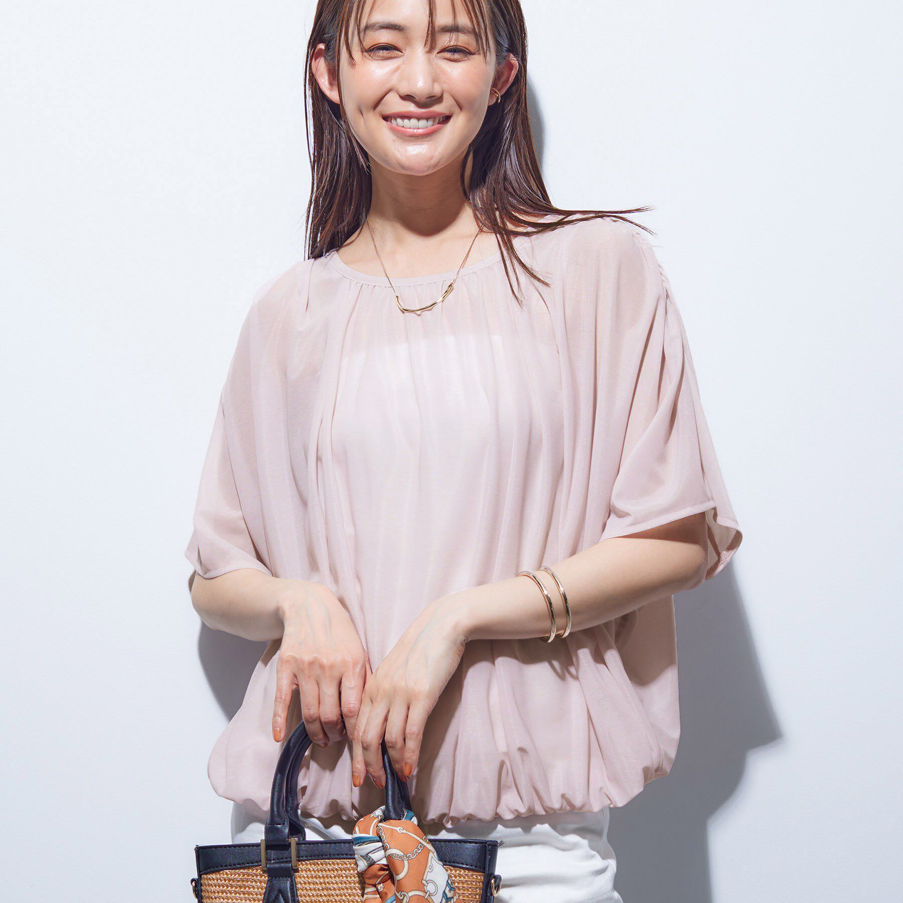 INDIVI「【洗える／体型カバー】シャーリングシアートップス」|Tシャツ・カットソー|ライトピンク(070