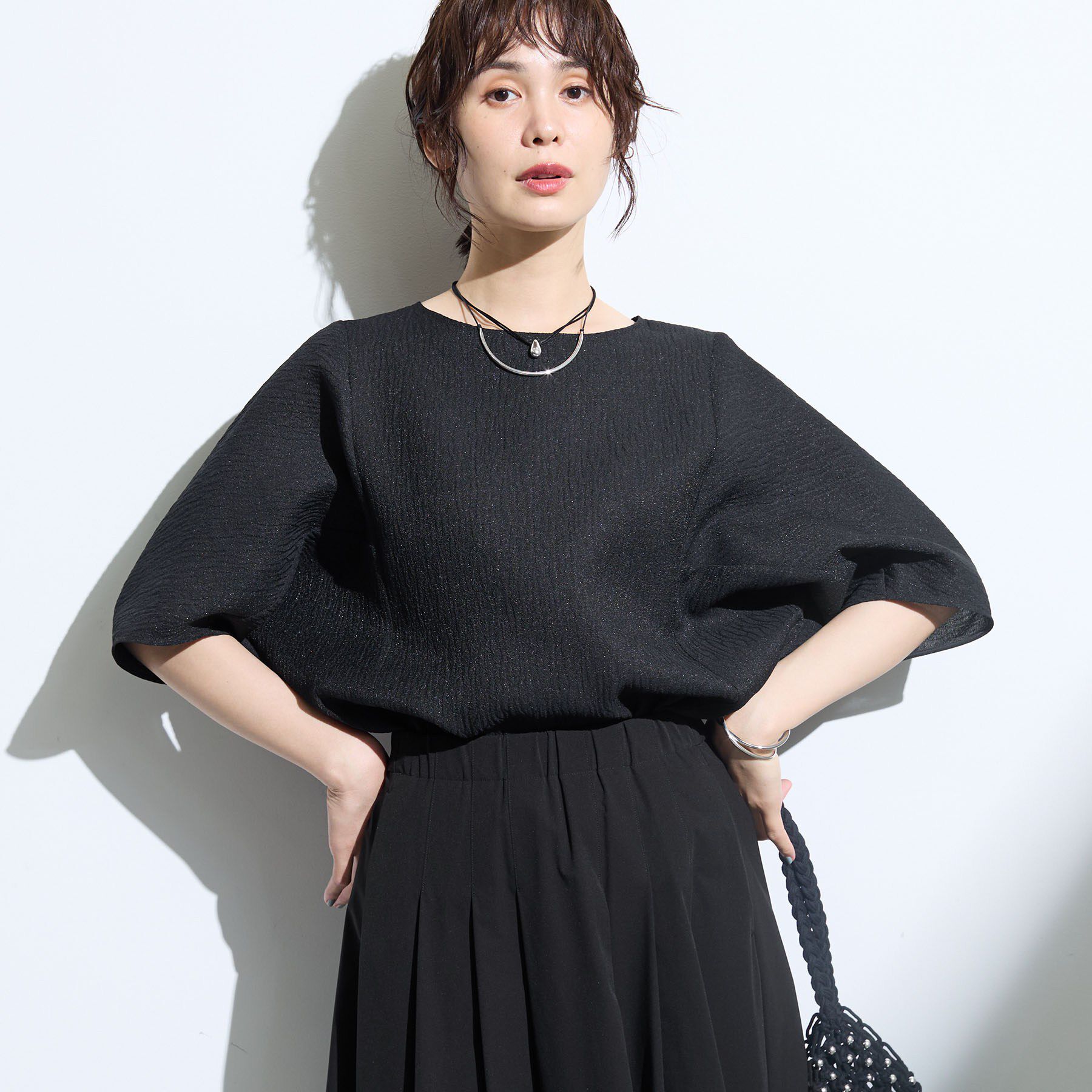 INDIVI「【華奢見え】ジャカード ドルマントップス」|Tシャツ・カットソー|ブラック(019)