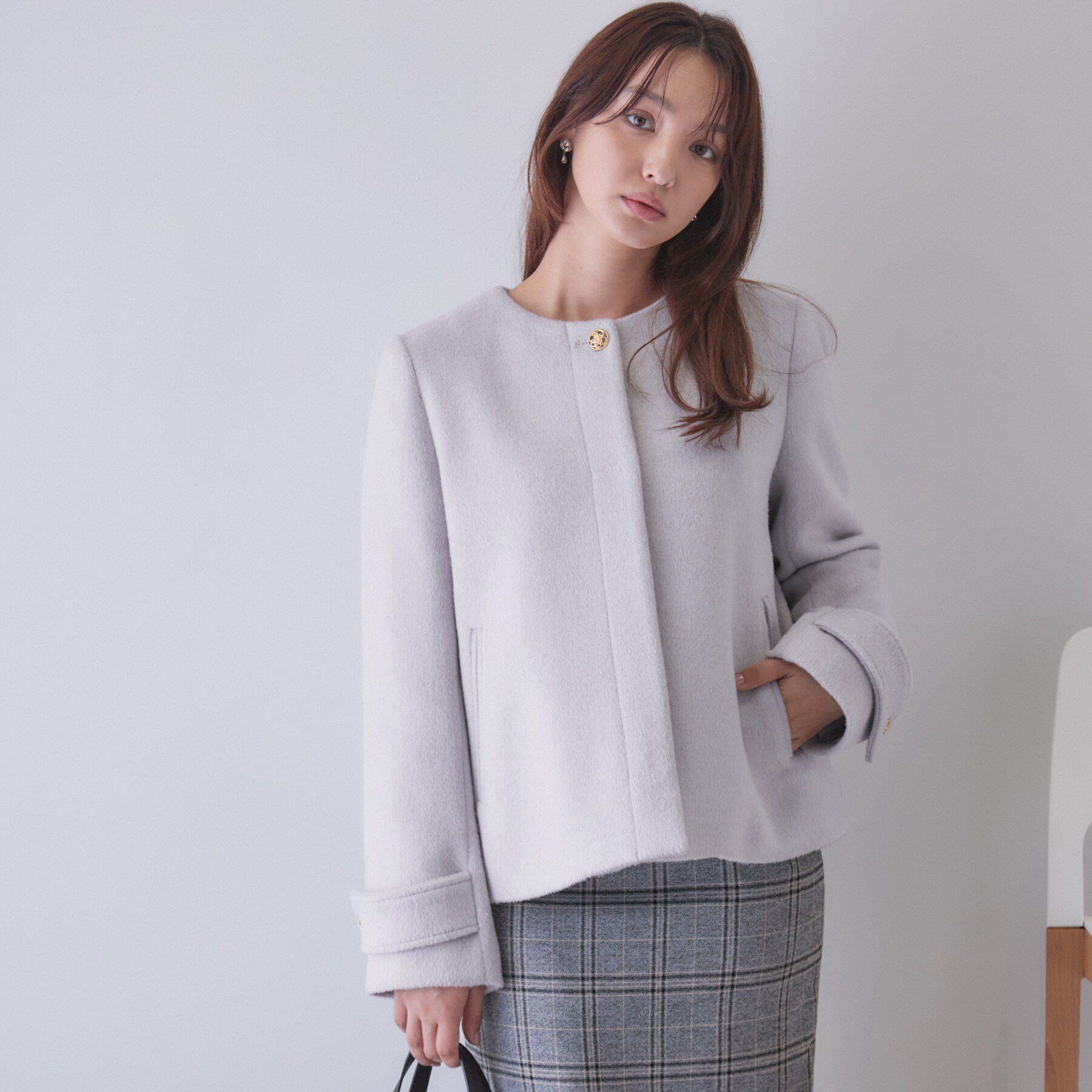 index「【植草美幸先生が指南する好印象スタイル】カシミヤ混ノーカラーショートコート」|ノーカラーコート|サックスブルー(89