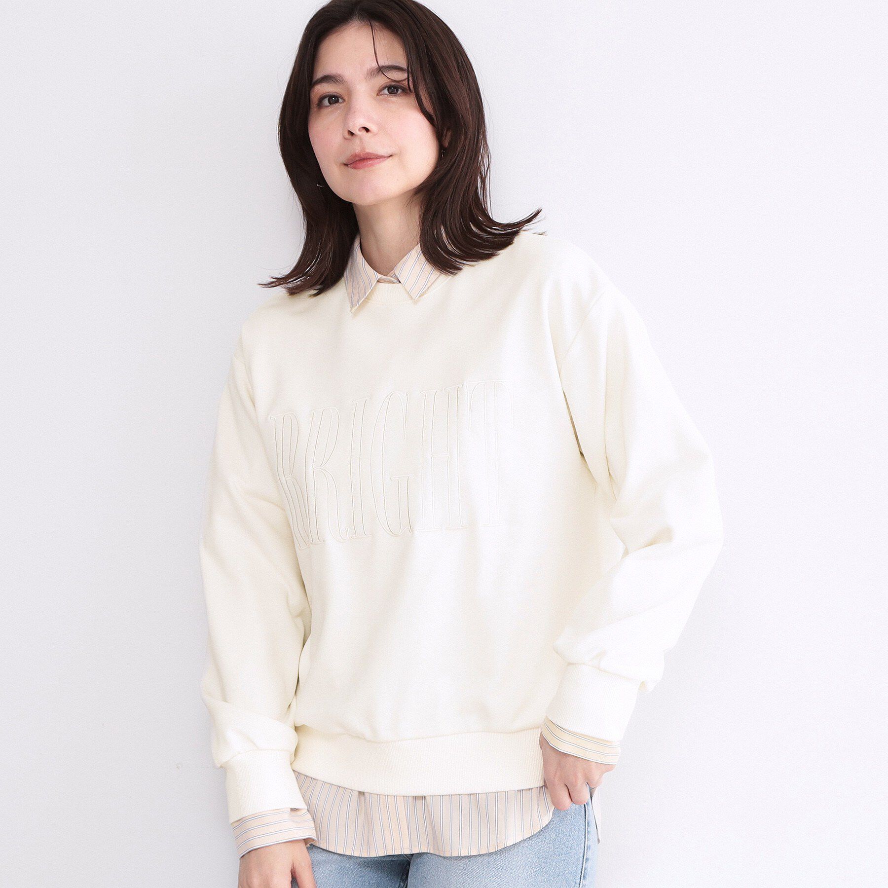 OPAQUE.CLIP「ロゴ刺繍裏毛トップス【洗濯機OK】」|Tシャツ・カットソー|ホワイト(001)