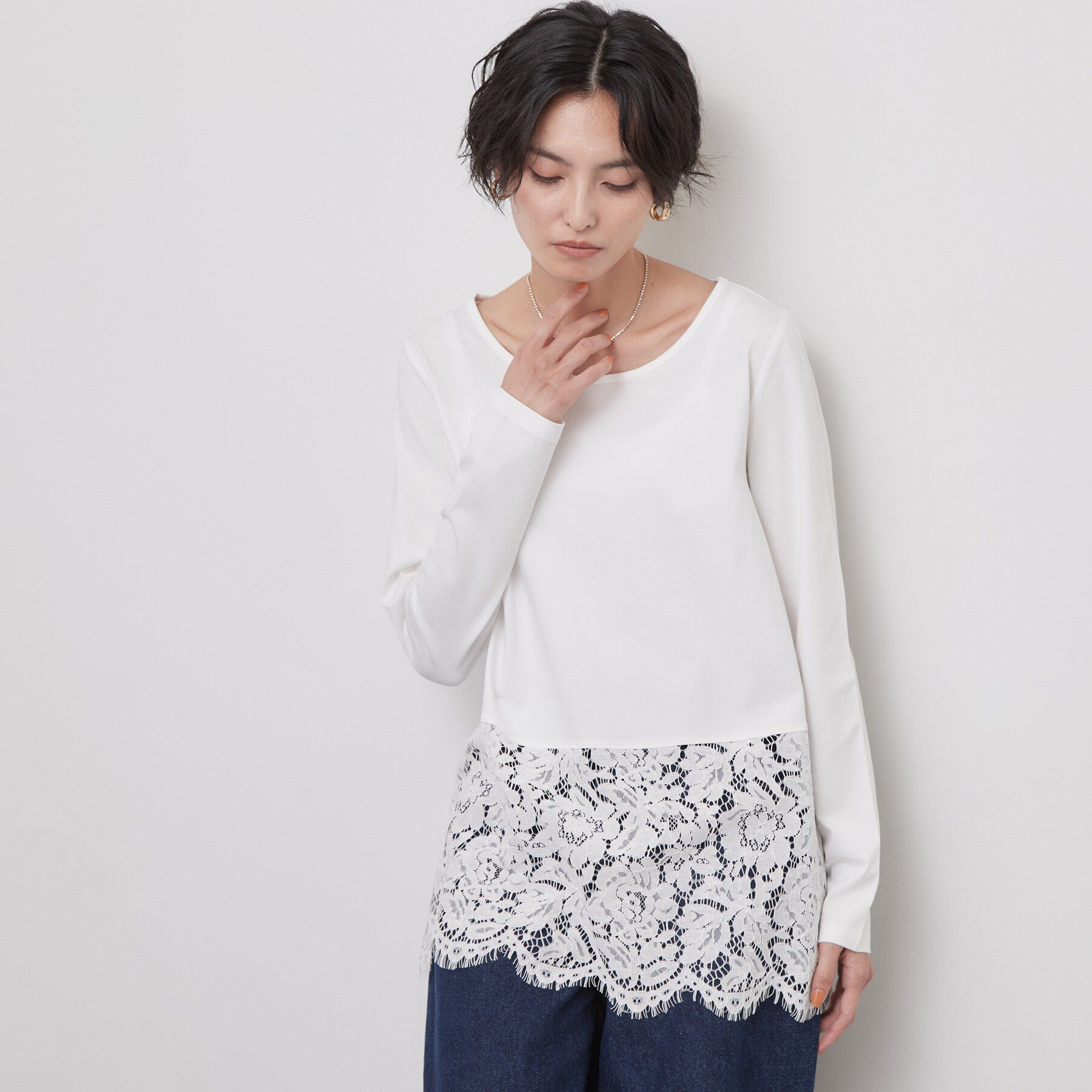 OPAQUE.CLIP「裾レースドッキングカットソー【洗濯機OK】」|Tシャツ・カットソー|ホワイト(001)