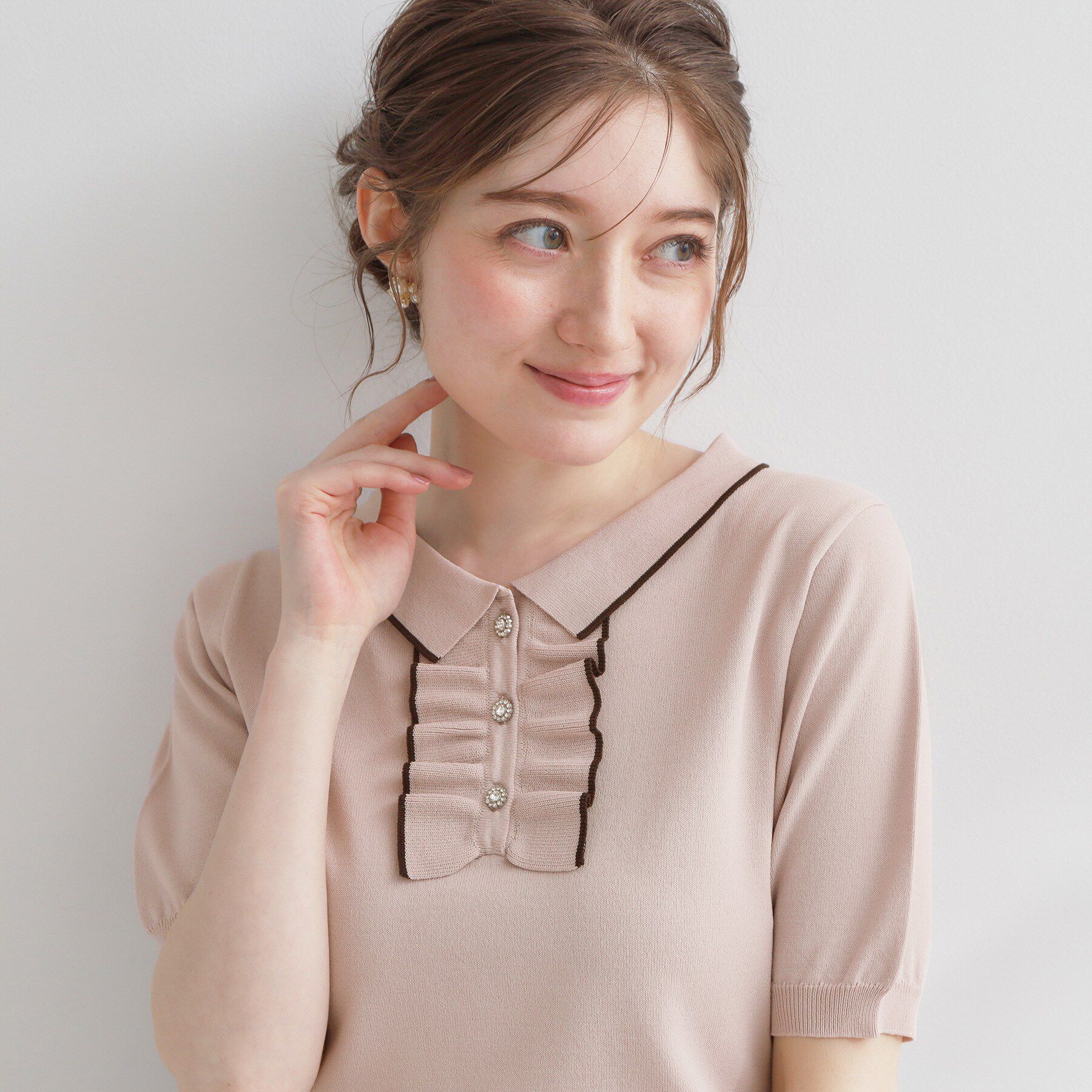 Couture broach「【洗える】フリル ポロ衿ニット」|ニット・セーター|ピンク(571)