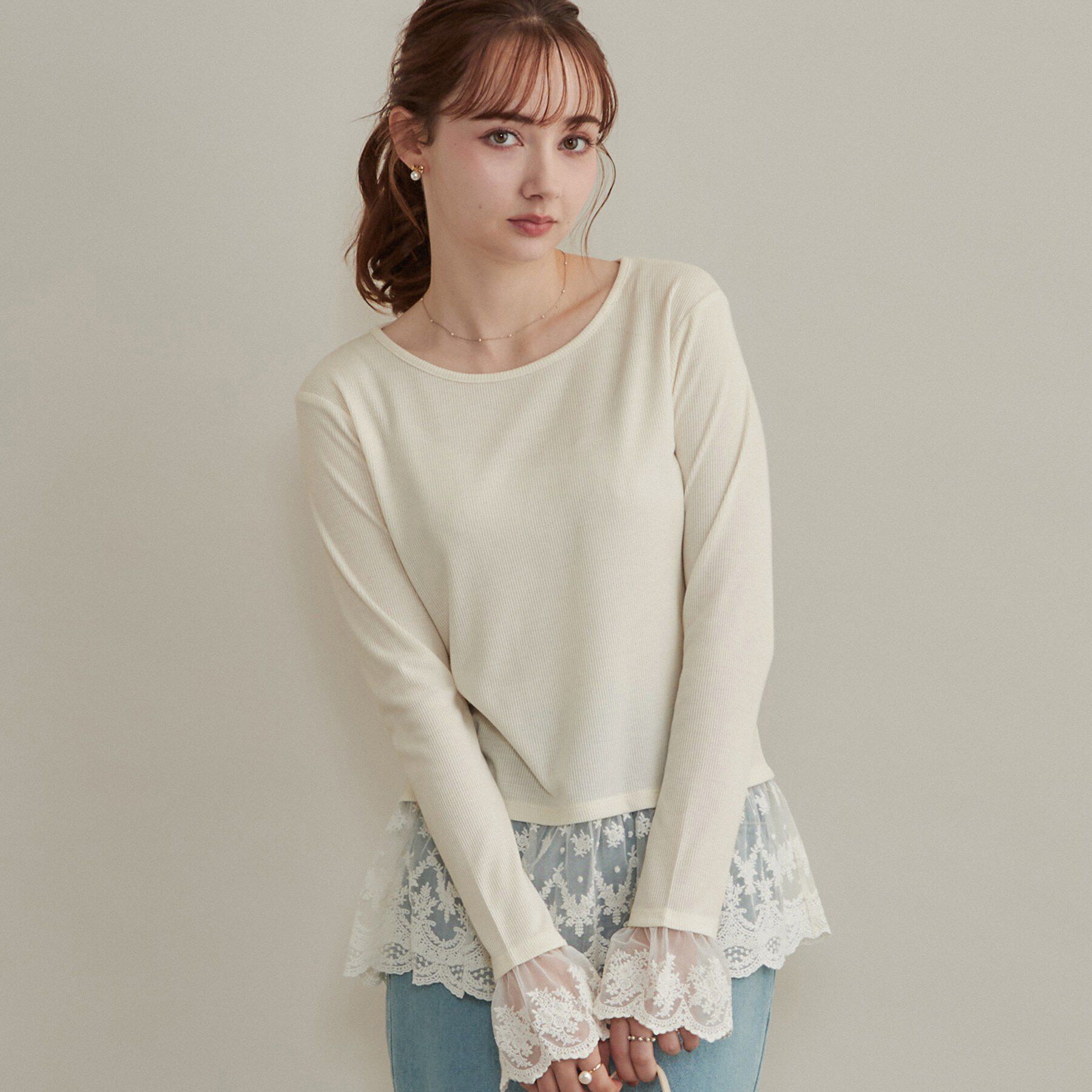 Couture broach「【重ね着で楽しめる・洗濯機可】レース レイヤードトップス」|Tシャツ・カットソー|アイボリー(004)