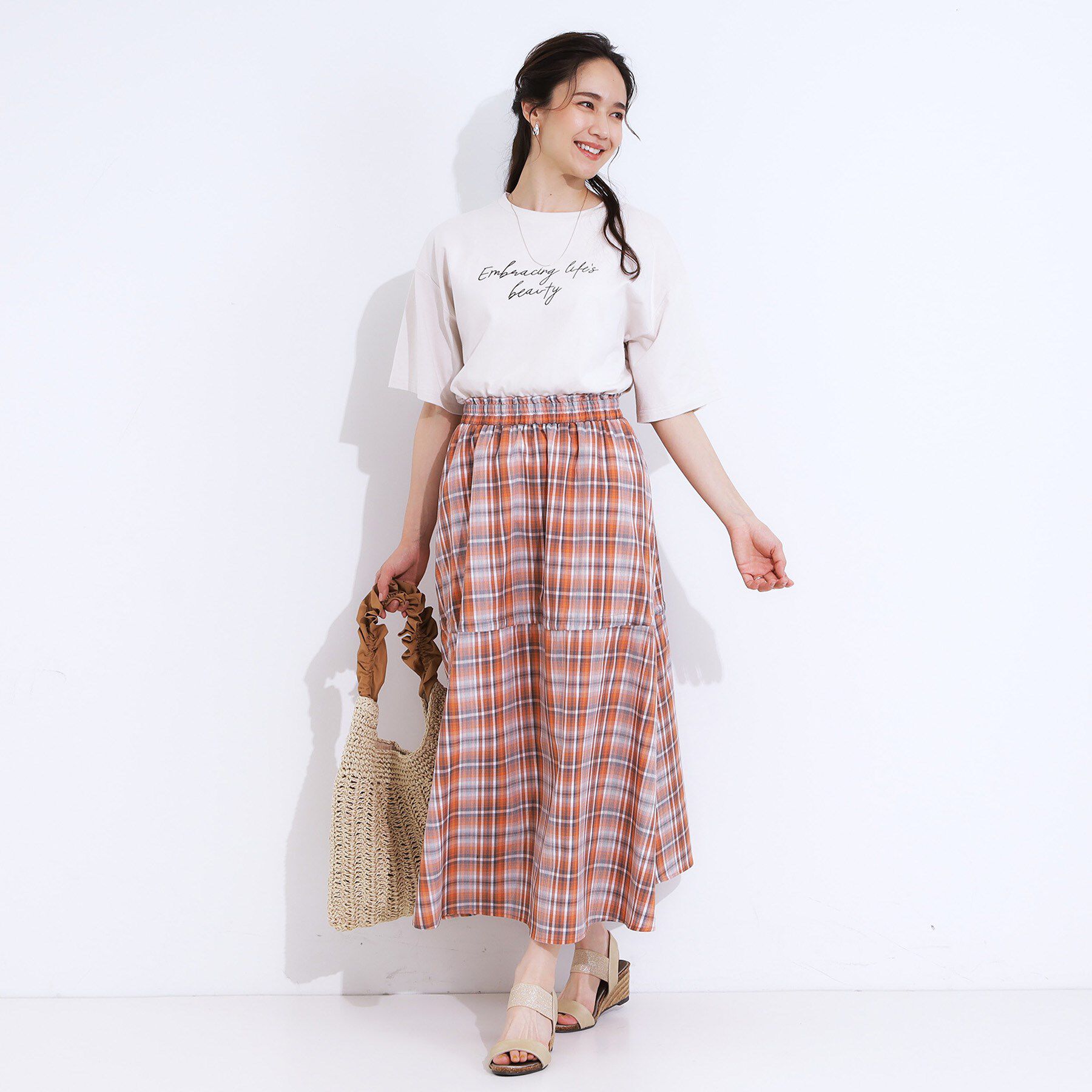 SHOO･LA･RUE「【S-LL】シルエットが変えられる チェック柄リボンフレアスカート」|スカート|