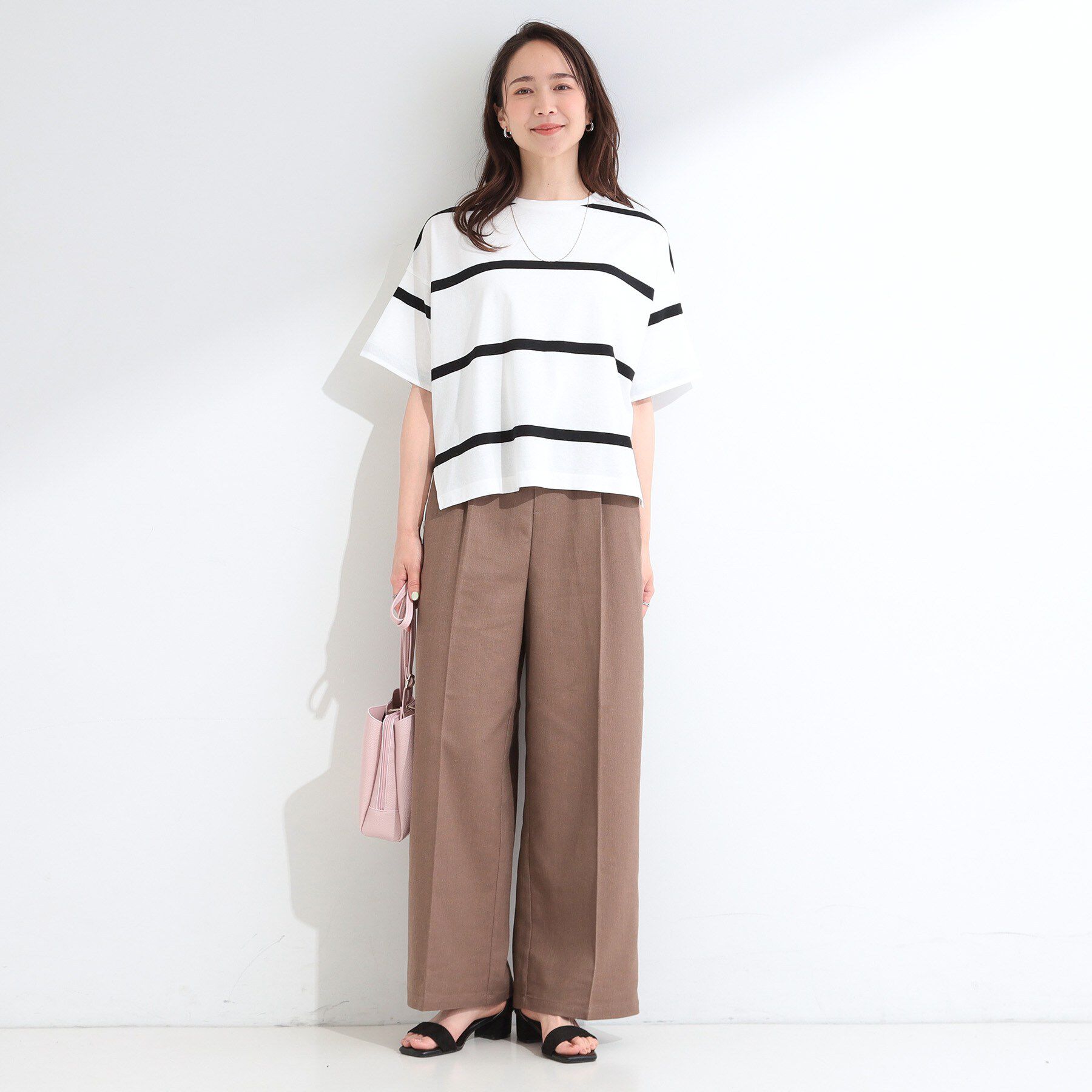 SHOO･LA･RUE「【S-LL】涼しげで爽やか 太ボーダー斜め切り替えTシャツ」|Tシャツ・カットソー|