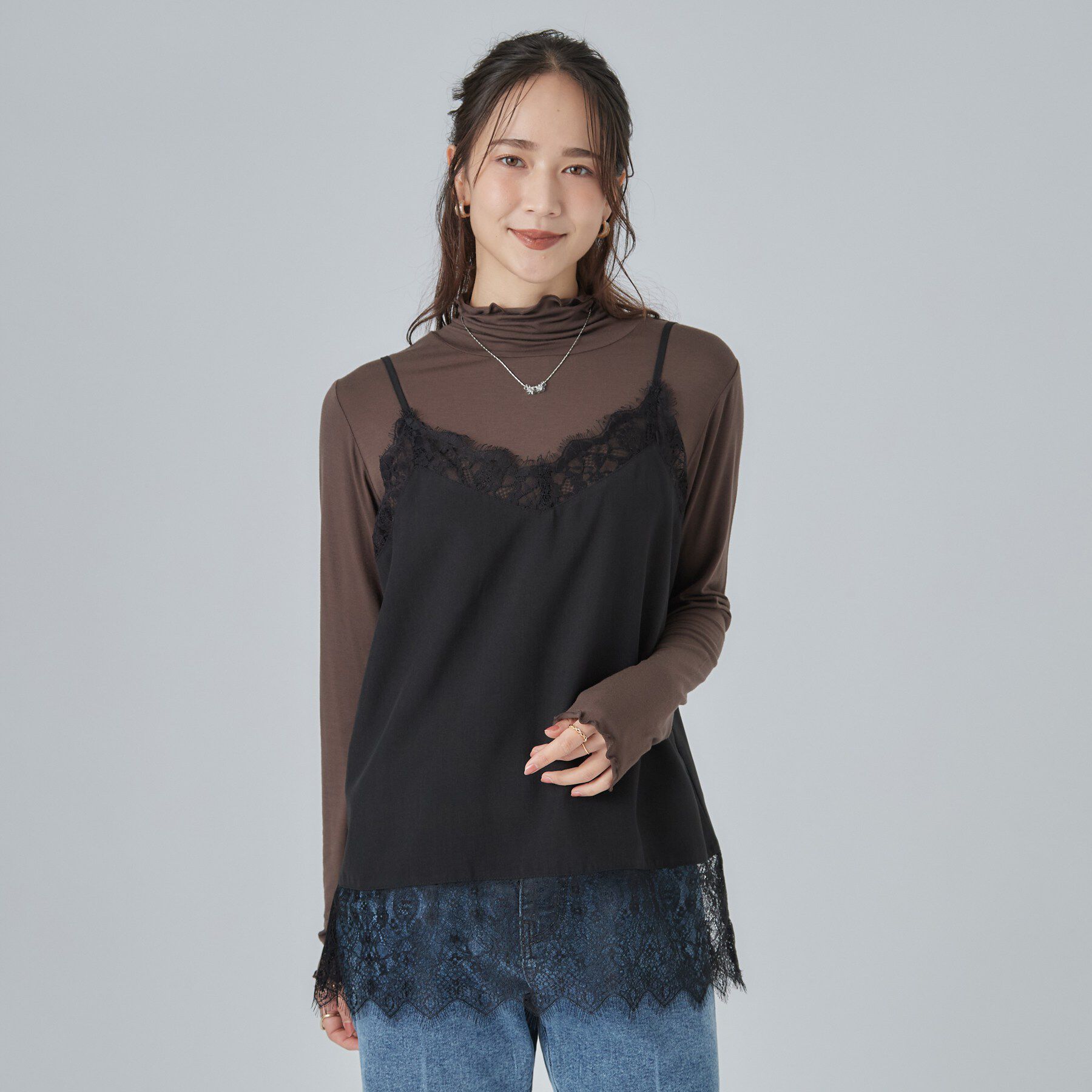SHOO･LA･RUE「【洗濯機可/S-LL】体型カバーしながらこなれ見え レース付きキャミソール」|Tシャツ・カットソー|