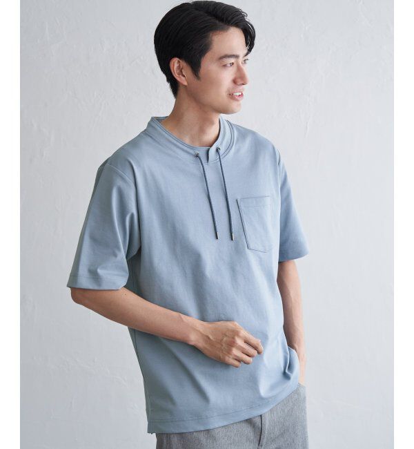 ikka「冷感ルーイカラー5分袖ポケT」|Tシャツ・カットソー|サックスブルー