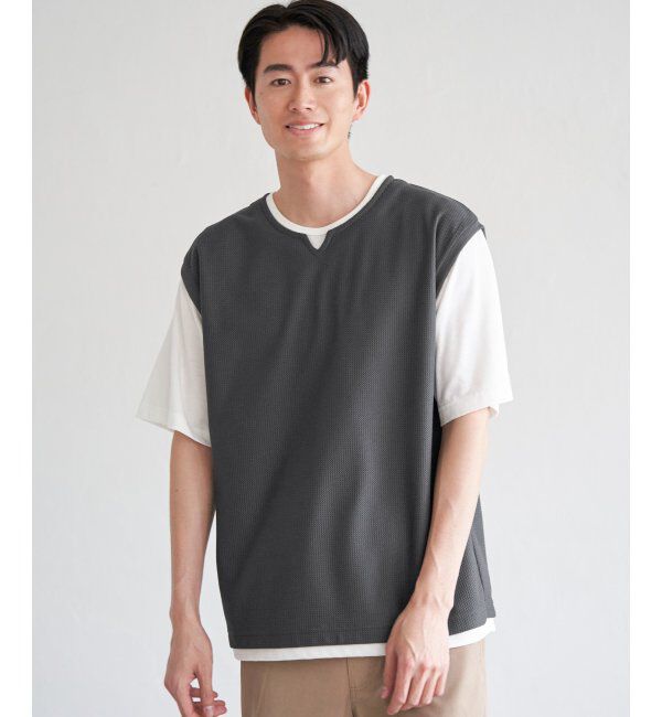 ikka「【接触冷感／吸水速乾】ヘリンボンキーネックフェイクベストTシャツ【親子おそろい】」|Tシャツ・カットソー|