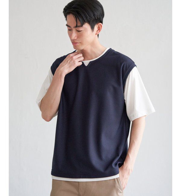 ikka「【接触冷感／吸水速乾】ヘリンボンキーネックフェイクベストTシャツ【親子おそろい】」|Tシャツ・カットソー|