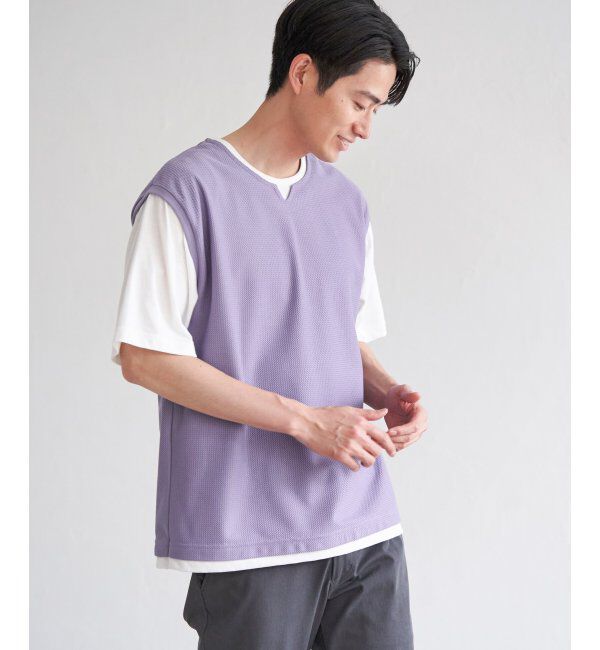 ikka「【接触冷感／吸水速乾】ヘリンボンキーネックフェイクベストTシャツ【親子おそろい】」|Tシャツ・カットソー|ラベンダー
