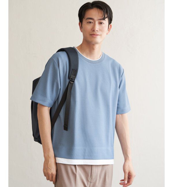ikka「【吸水速乾】ドライ鹿の子レイヤードTシャツ5分袖」|Tシャツ・カットソー|サックスブルー