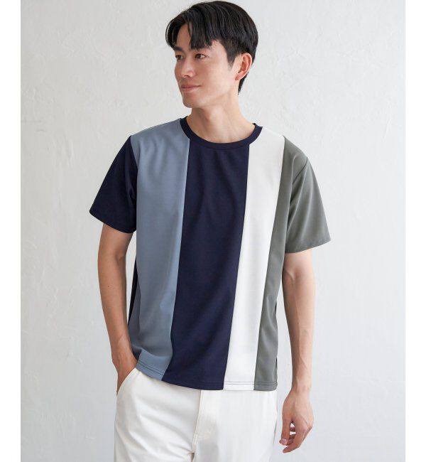 ikka「【接触冷感／吸水速乾】マルチファンクション縦切り替えTシャツ」|Tシャツ・カットソー|ネイビーブルー