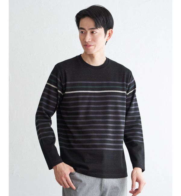 ikka「ジャカード3カラーボーダーロンT」|Tシャツ・カットソー|ブラック