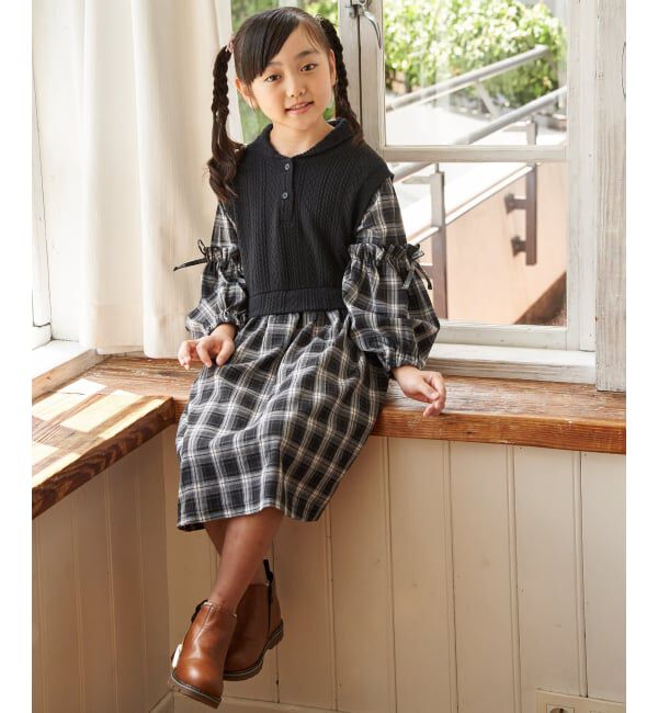 ikka kids「ショールベストレイヤーチェックワンピース（120~160cm）」|スカート|
