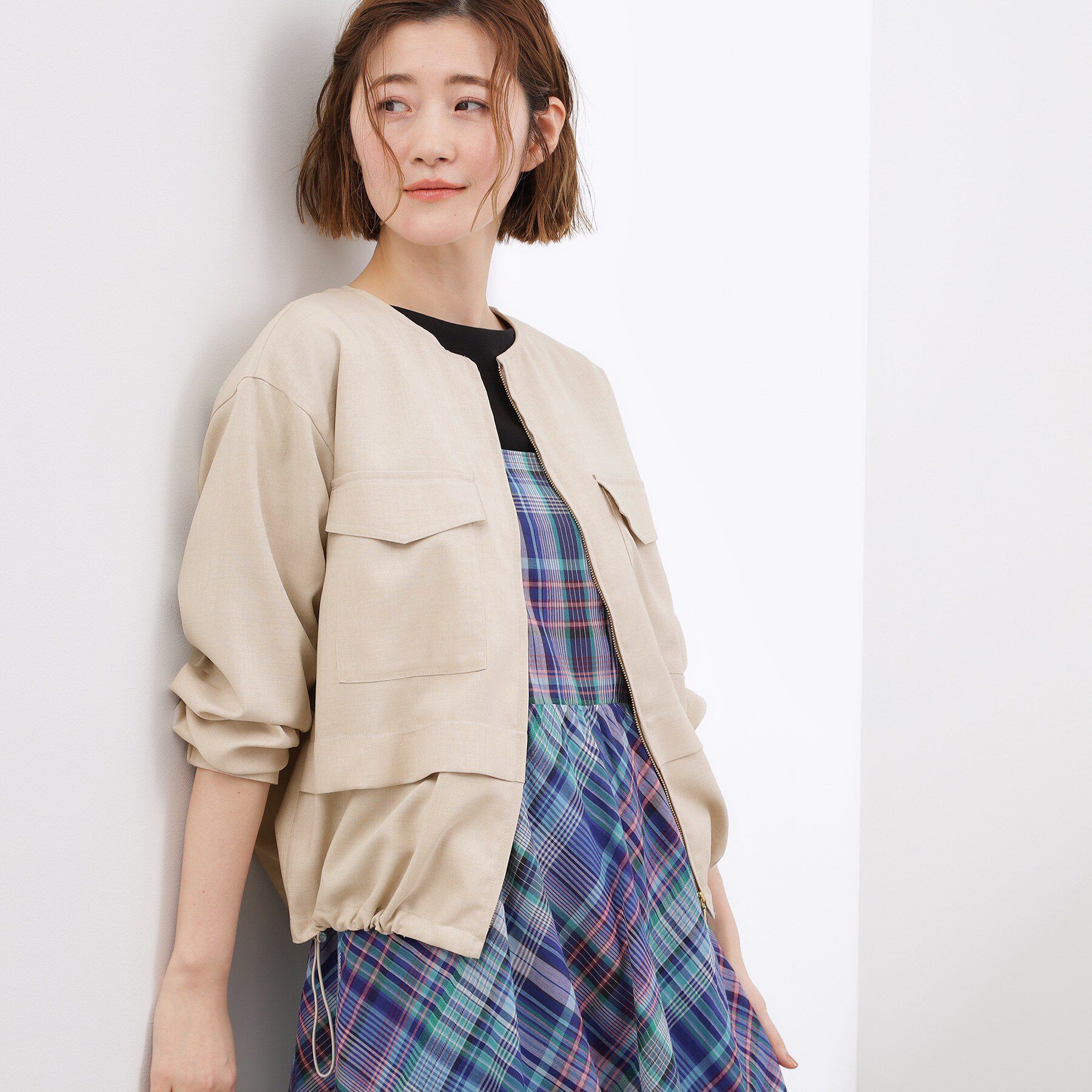 grove「【洗える】麻調ノーカラーブルゾン」|ブルゾン・スタジャン|ベージュ(050)