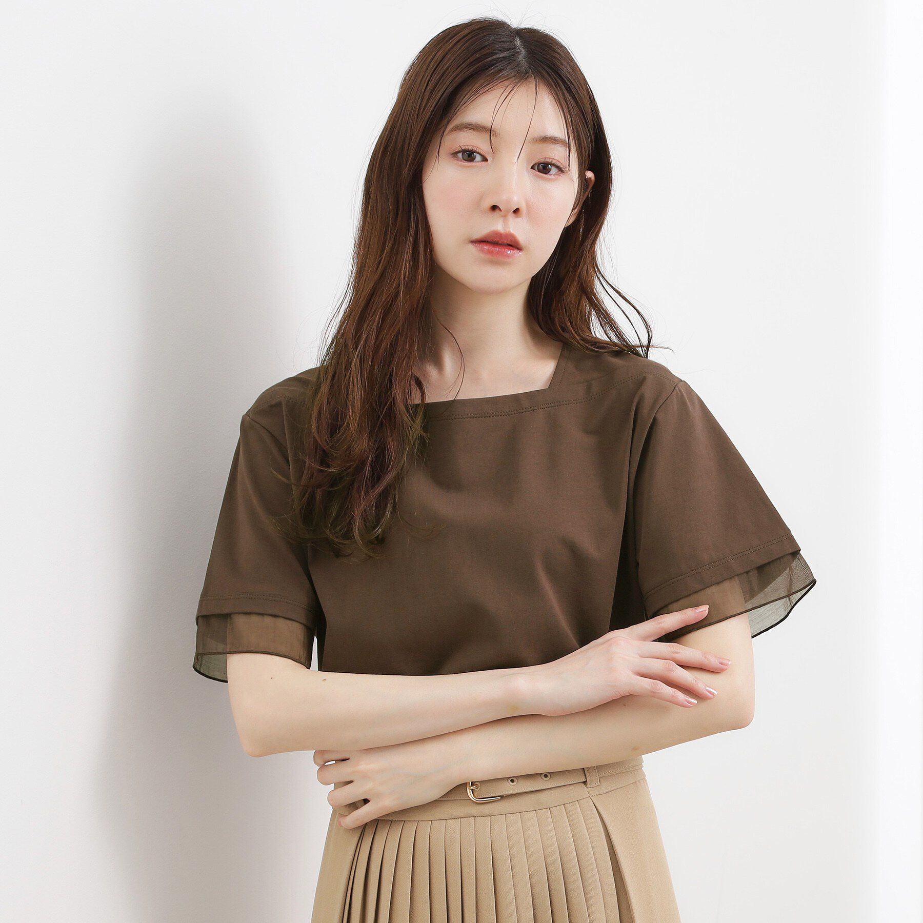 grove「【二の腕カバー/UVカット】袖口シアースクエアネックTシャツ」|Tシャツ・カットソー|