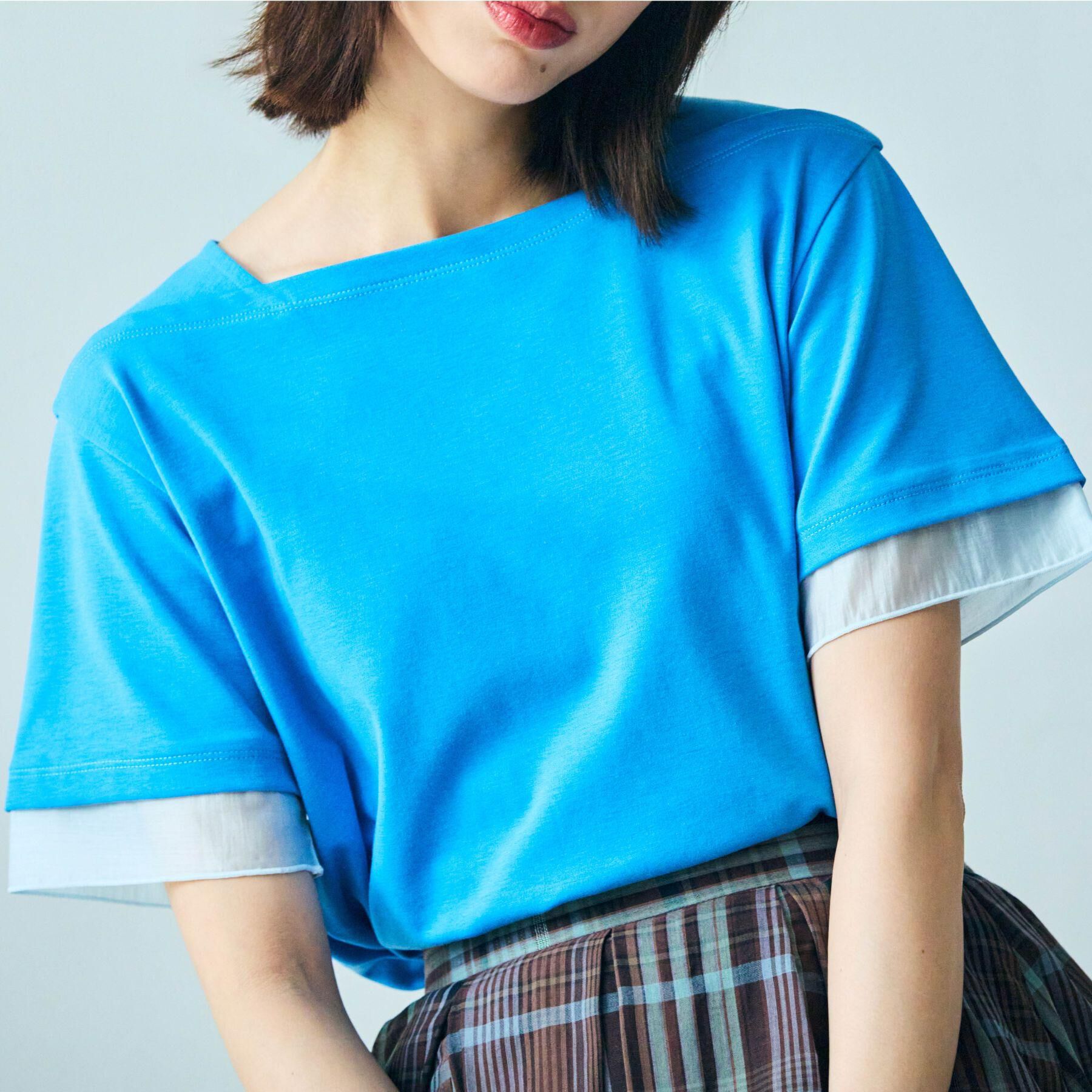 grove「【二の腕カバー/UVカット】袖口シアースクエアネックTシャツ」|Tシャツ・カットソー|ブルー(091)