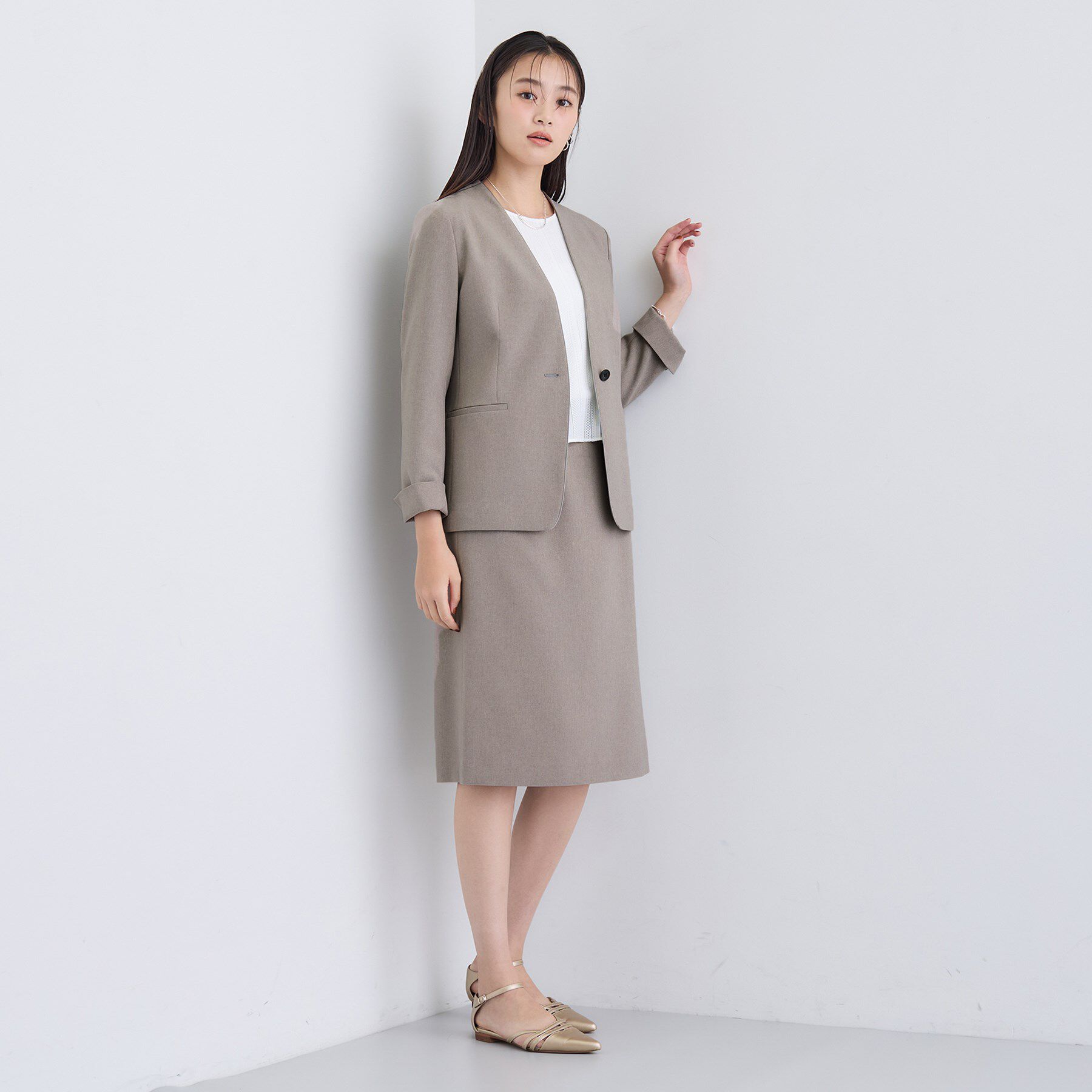 INDIVI「【洗える／通勤／スーツ】メランジストレッチ ノーカラージャケット」|スーツ|